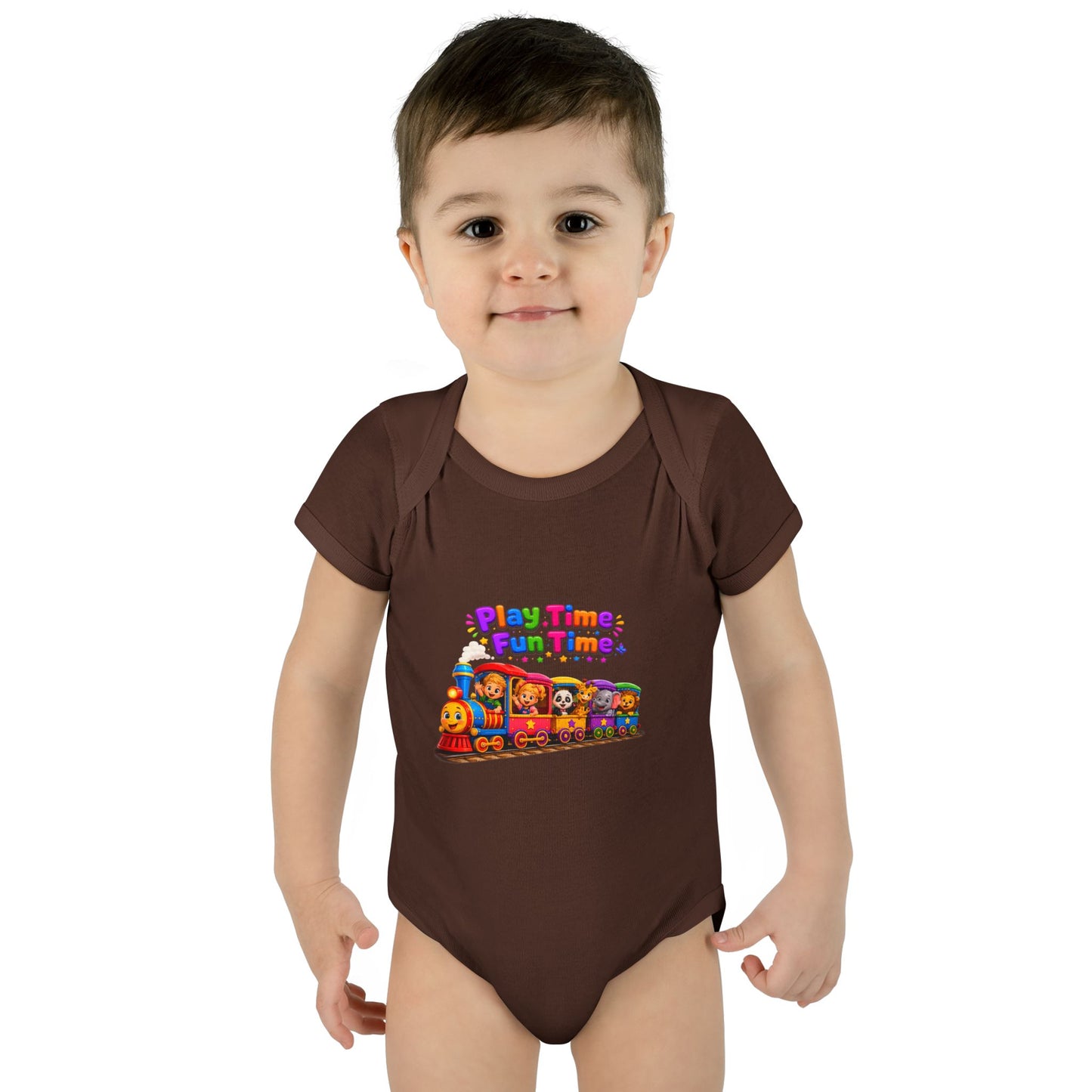 Play Time Fun Time Baby Bodysuit — Colorful Train Infant Onesie