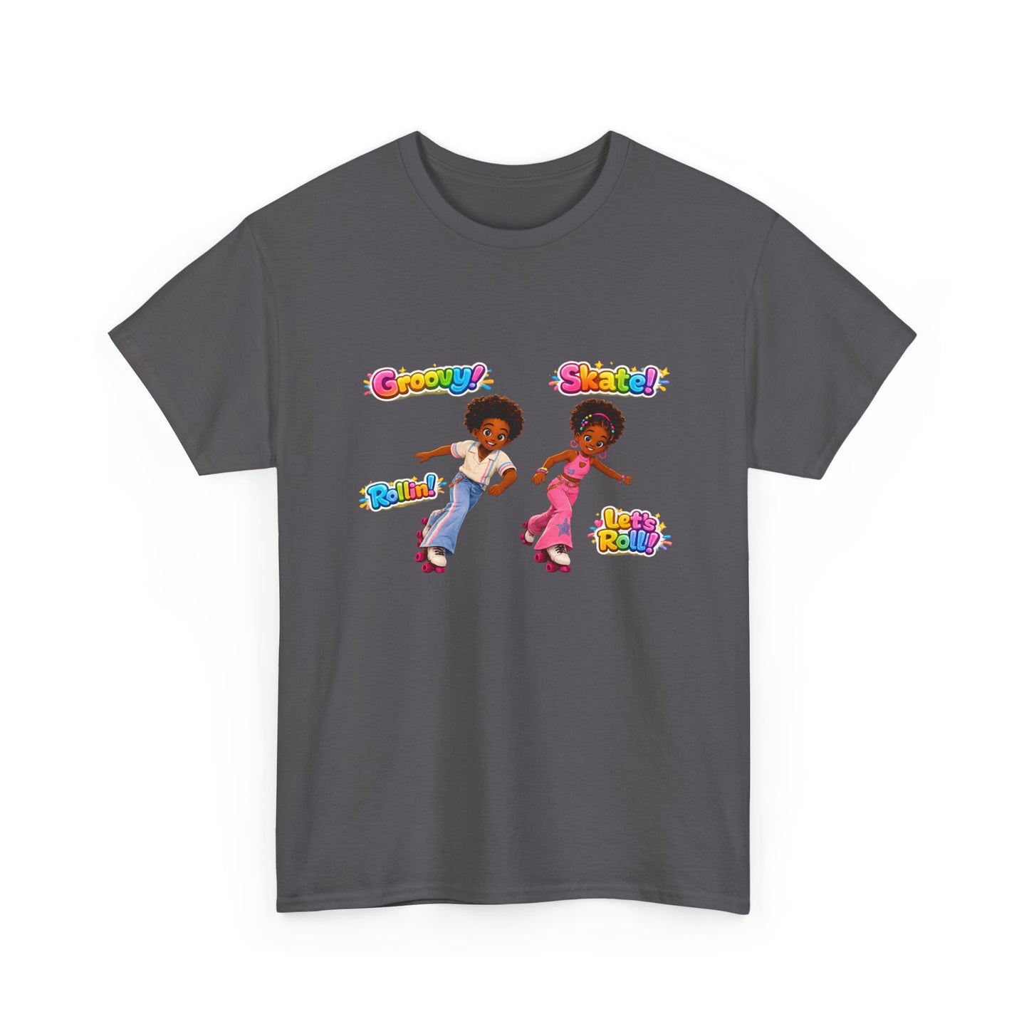 Roller Dance Kids T-Shirt — 'Groovy! Skate!' Retro Afro Puff Skaters Tee