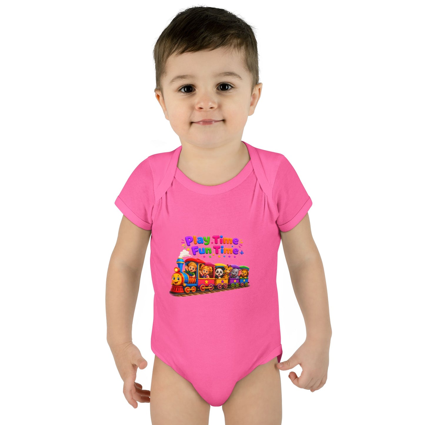 Play Time Fun Time Baby Bodysuit — Colorful Train Infant Onesie