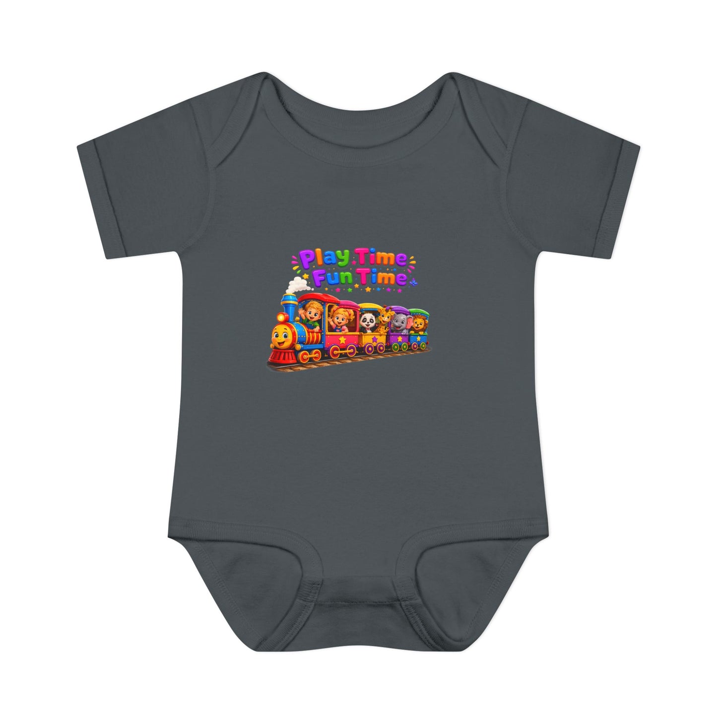 Play Time Fun Time Baby Bodysuit — Colorful Train Infant Onesie