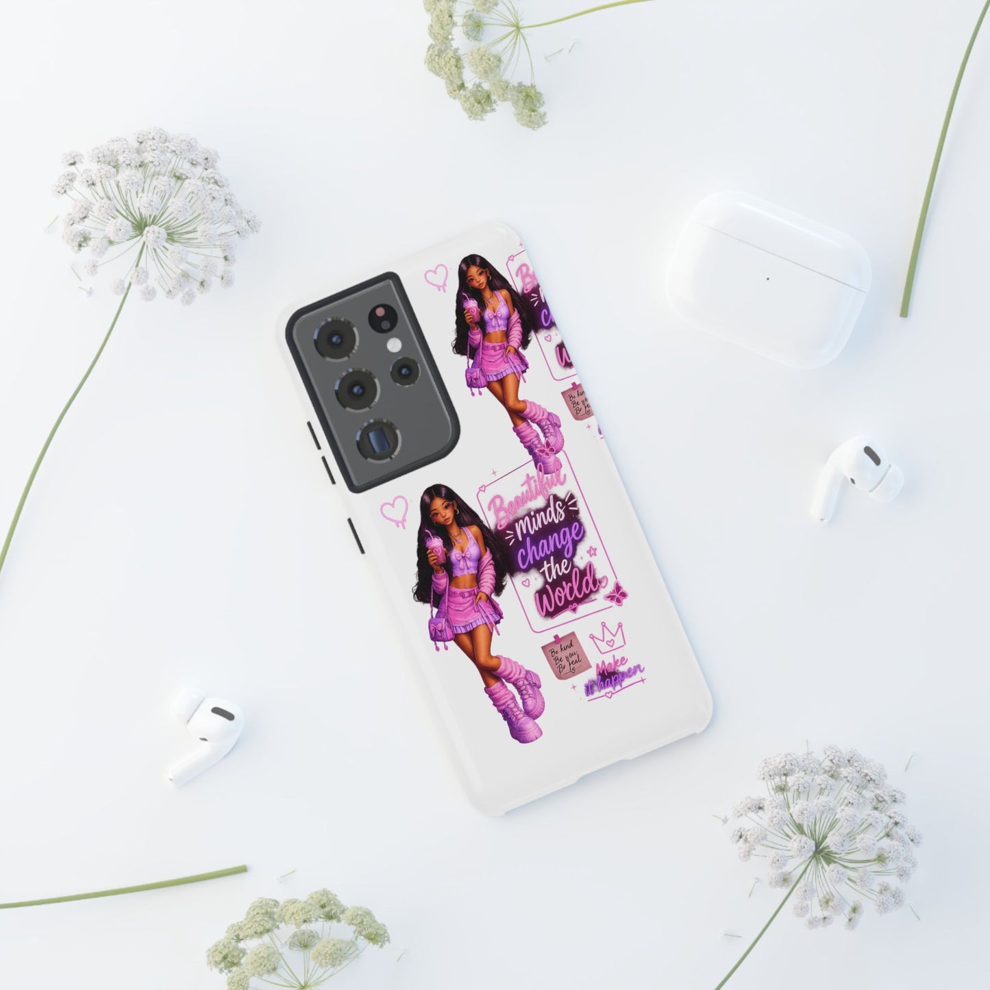 Empowerment Girl Phone Case — "Minds Change the World" Pink Aesthetic Protective Cover