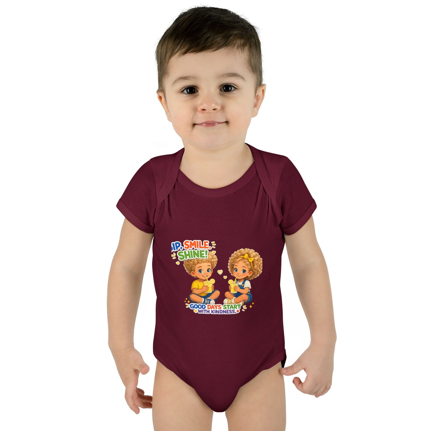 Infant Bodysuit "Rise, Smile, Shine!" Cute Kids Graphic Onesie — "Good Days Start with Kindness"