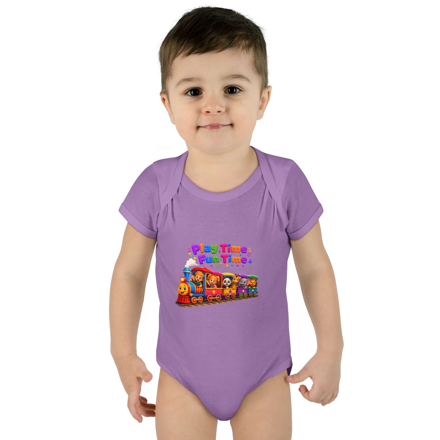 Play Time Fun Time Baby Bodysuit — Colorful Train Infant Onesie