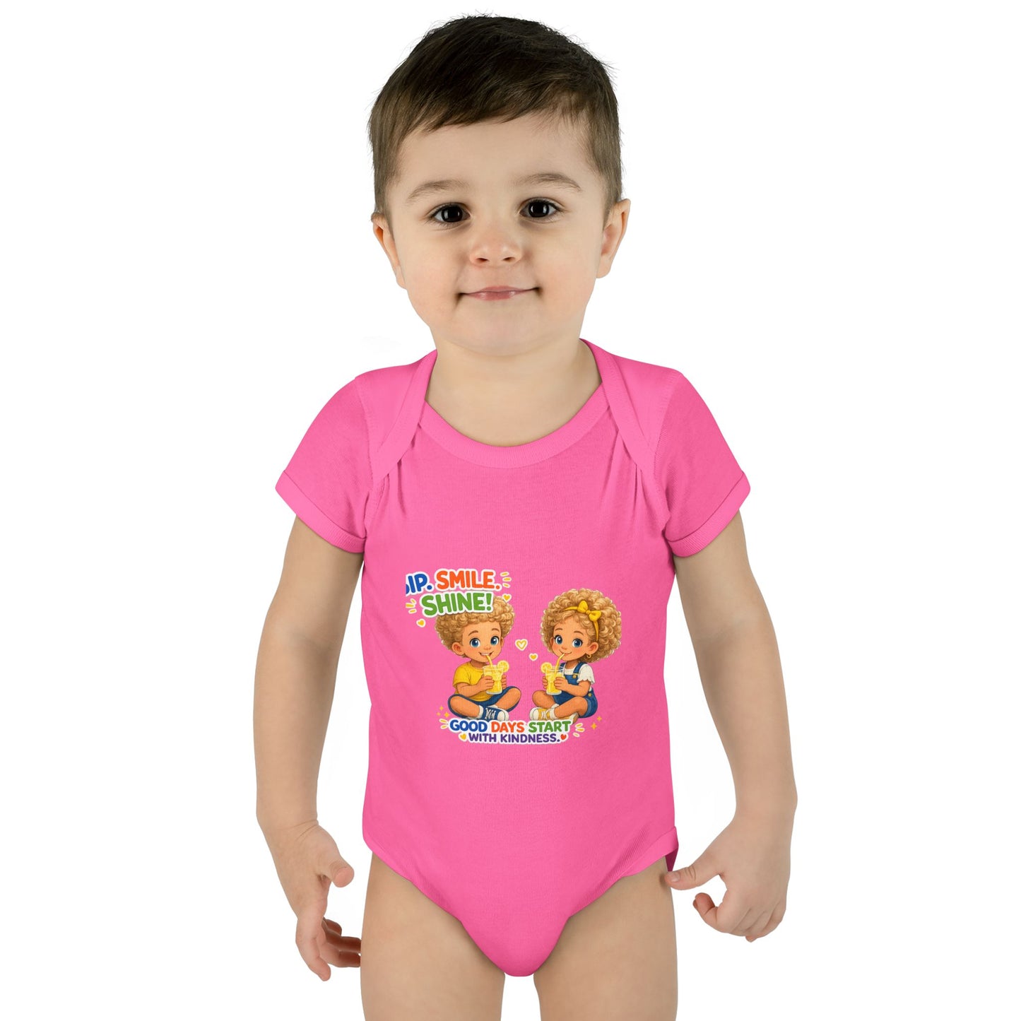 Infant Bodysuit "Rise, Smile, Shine!" Cute Kids Graphic Onesie — "Good Days Start with Kindness"