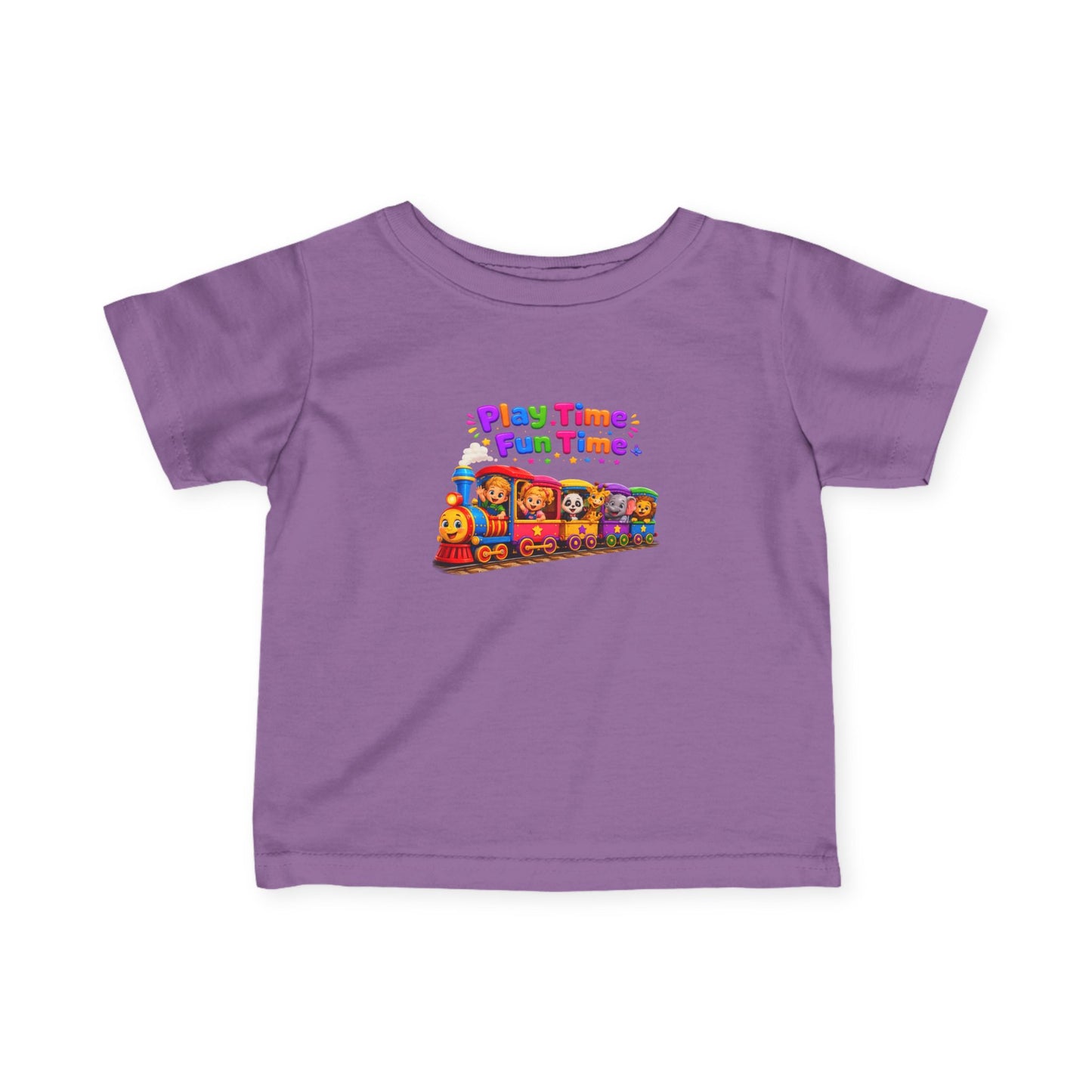 Infant Tee — "Play Time, Fun Time" Colorful Train Baby Shirt