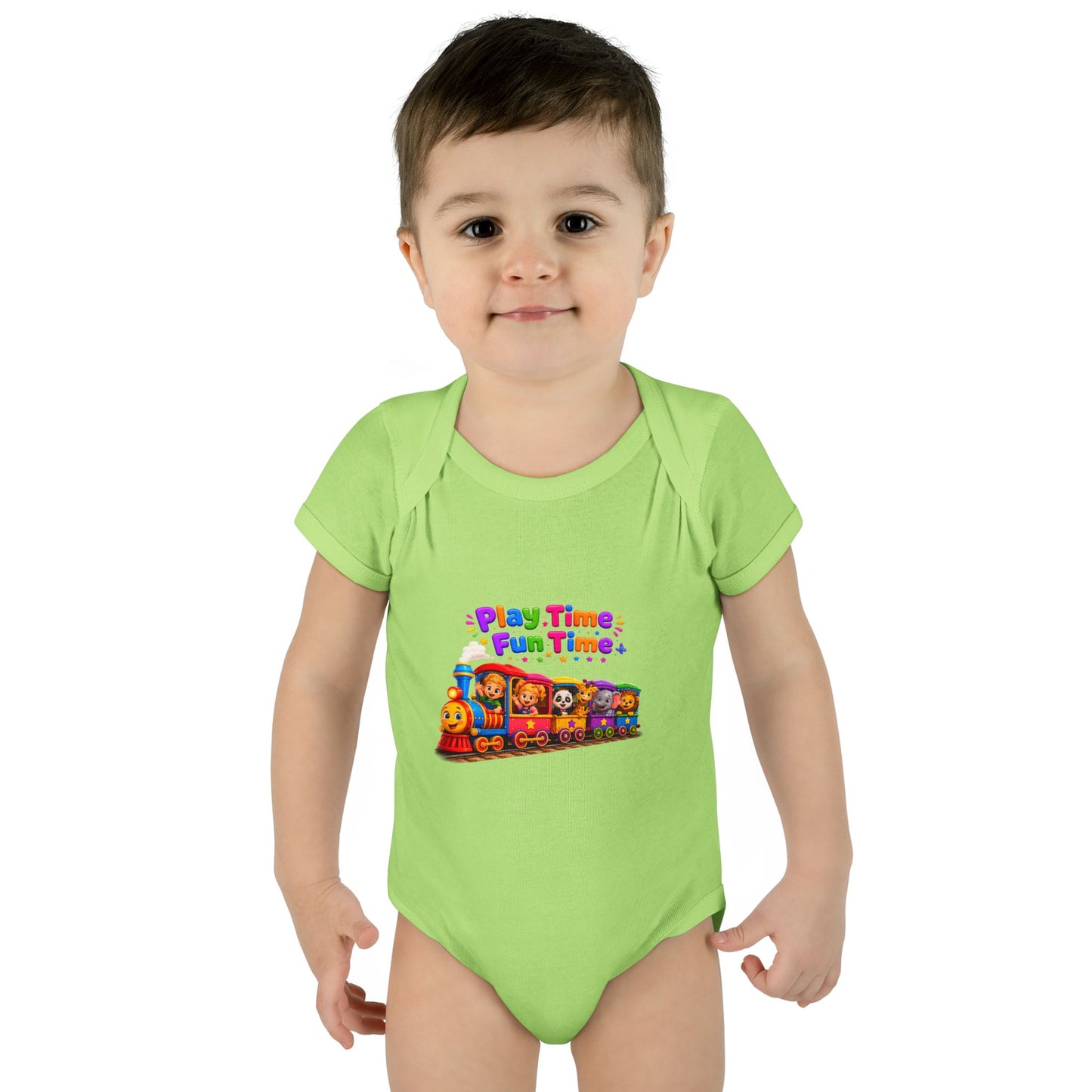 Play Time Fun Time Baby Bodysuit — Colorful Train Infant Onesie