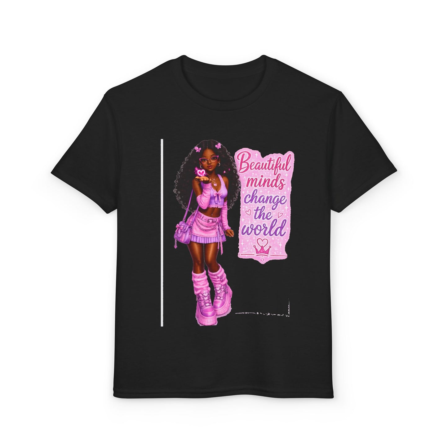 Youth T-Shirt — "Beautiful Minds Change the World" Pink Afro Girl Empowerment Tee