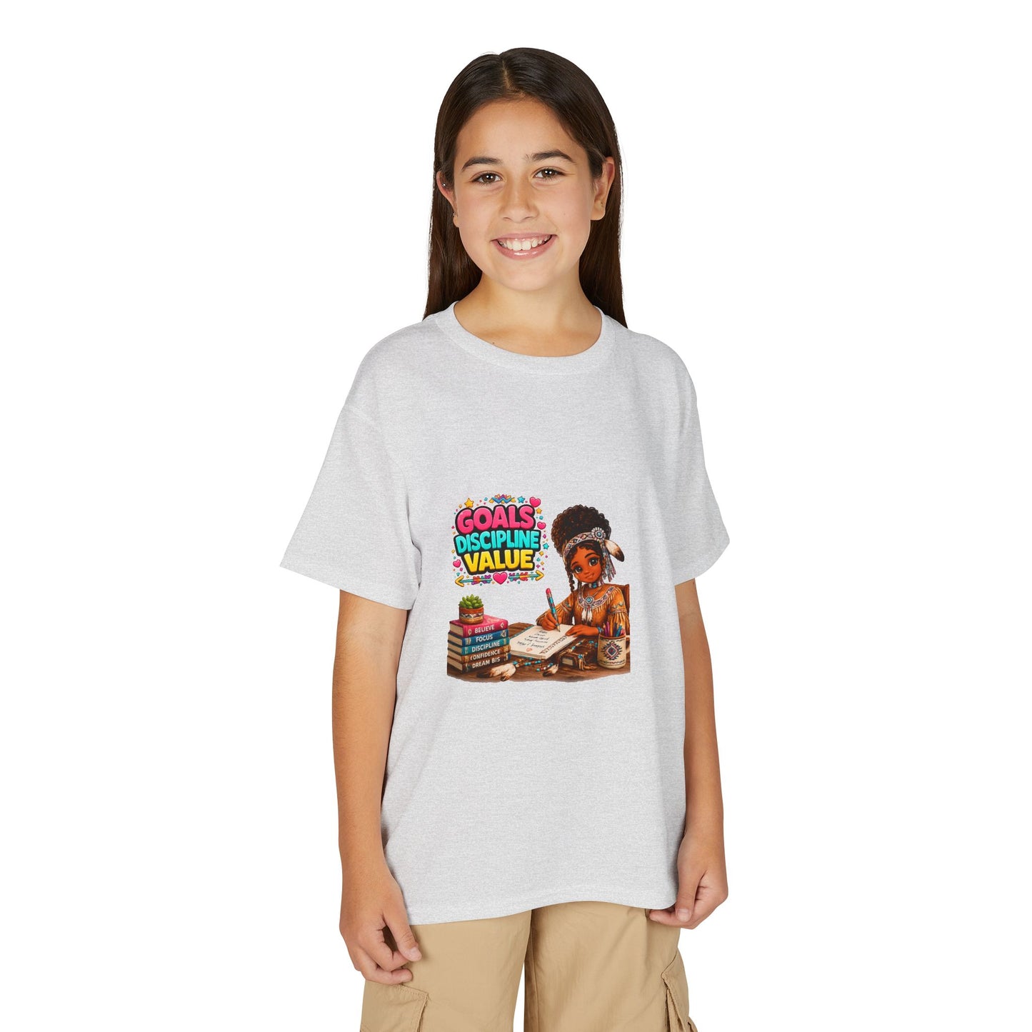 Youth T-Shirt — "Goals, Discipline, Value" Black Girl Studying Design