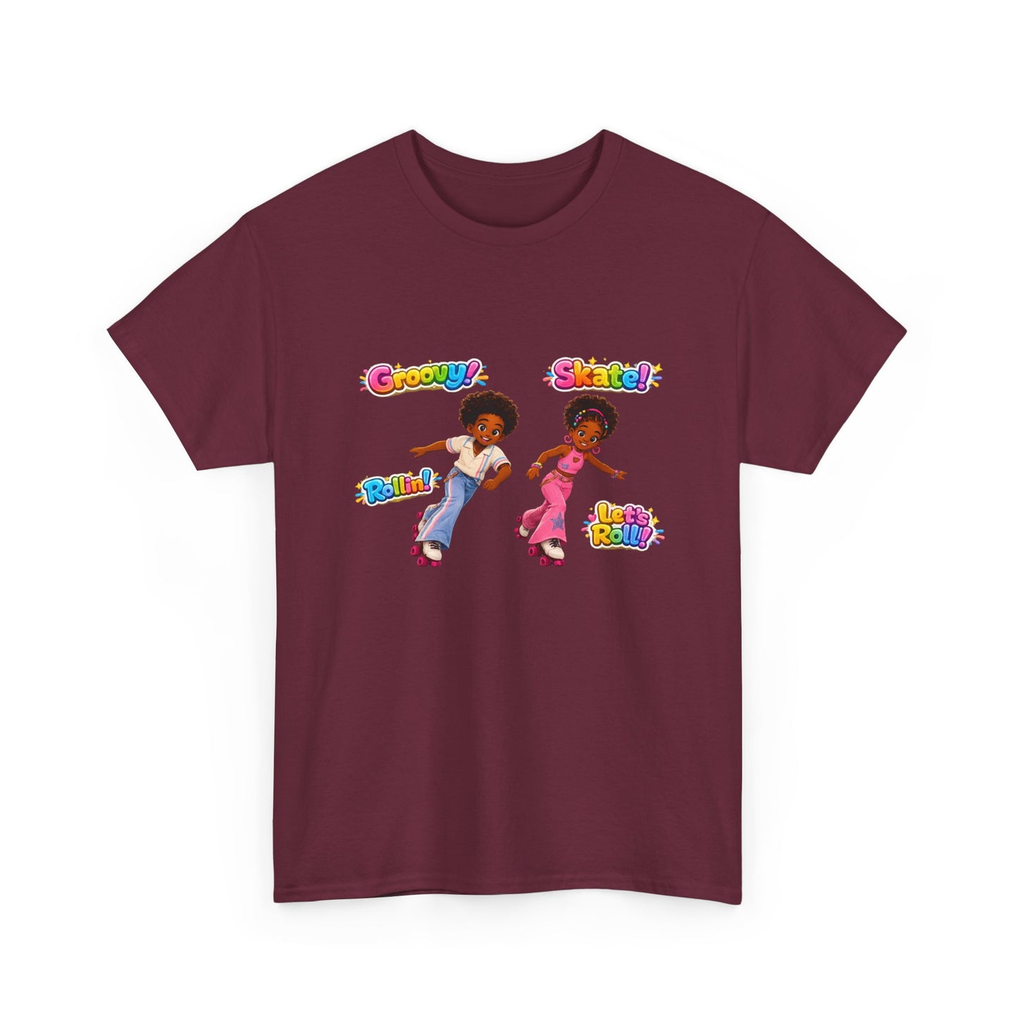 Roller Dance Kids T-Shirt — 'Groovy! Skate!' Retro Afro Puff Skaters Tee