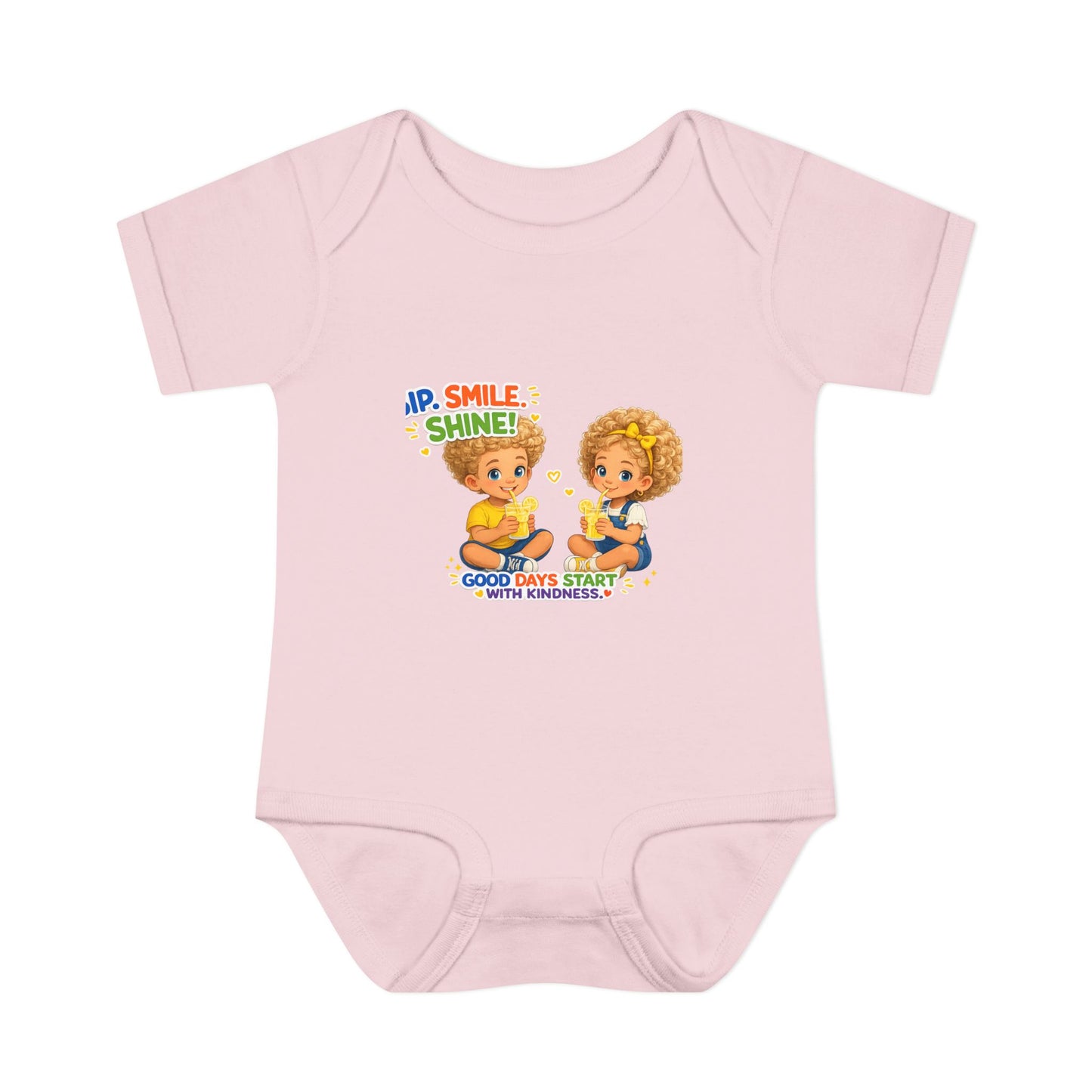 Infant Bodysuit "Rise, Smile, Shine!" Cute Kids Graphic Onesie — "Good Days Start with Kindness"