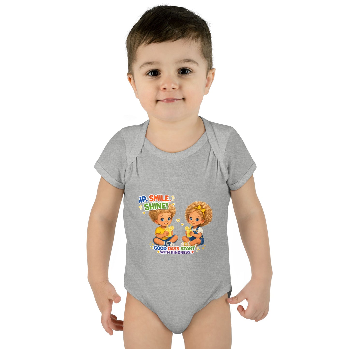 Infant Bodysuit "Rise, Smile, Shine!" Cute Kids Graphic Onesie — "Good Days Start with Kindness"