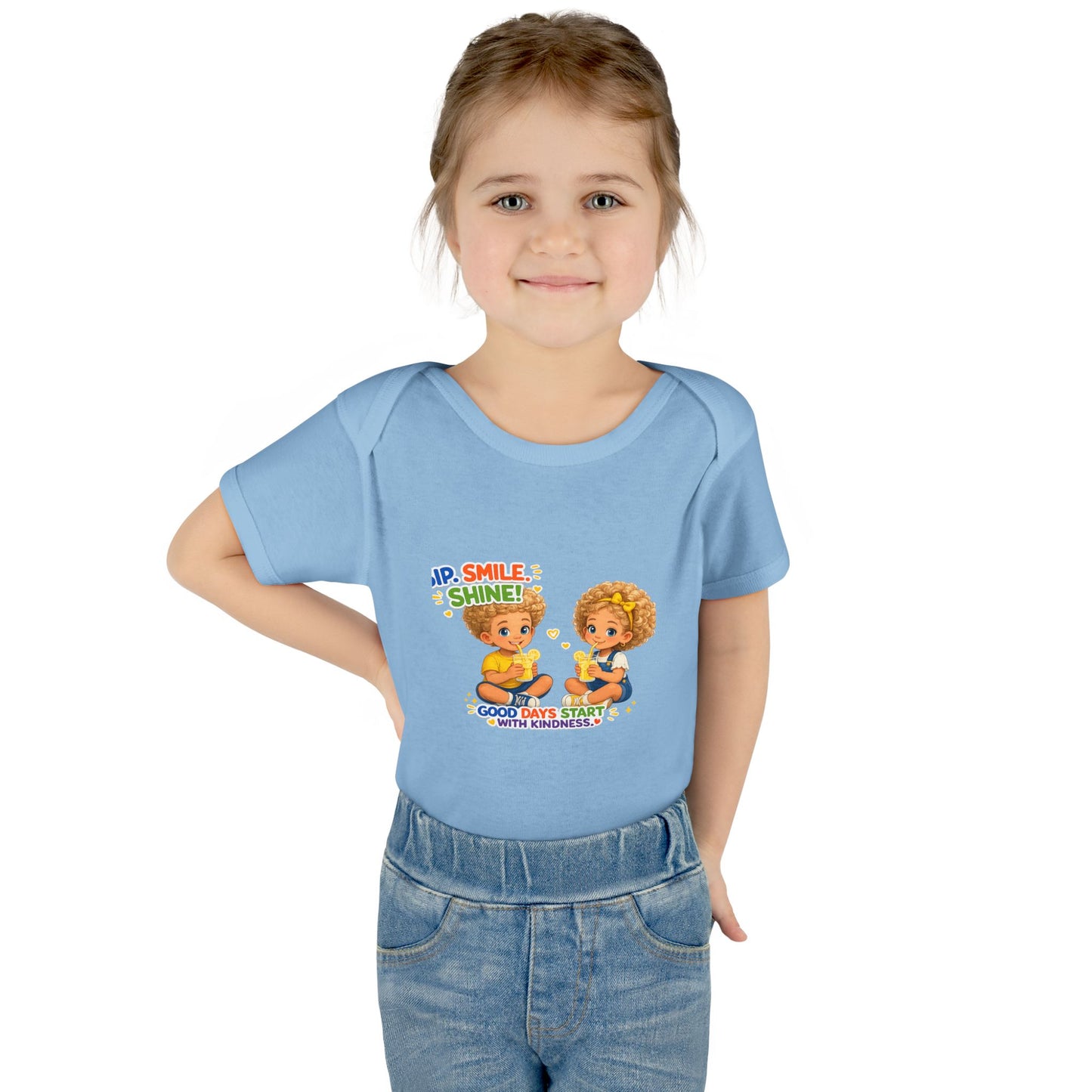 Infant Bodysuit "Rise, Smile, Shine!" Cute Kids Graphic Onesie — "Good Days Start with Kindness"