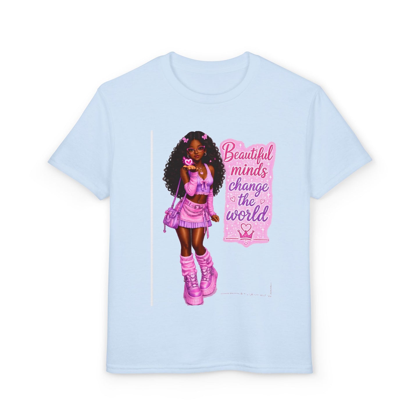 Youth T-Shirt — "Beautiful Minds Change the World" Pink Afro Girl Empowerment Tee