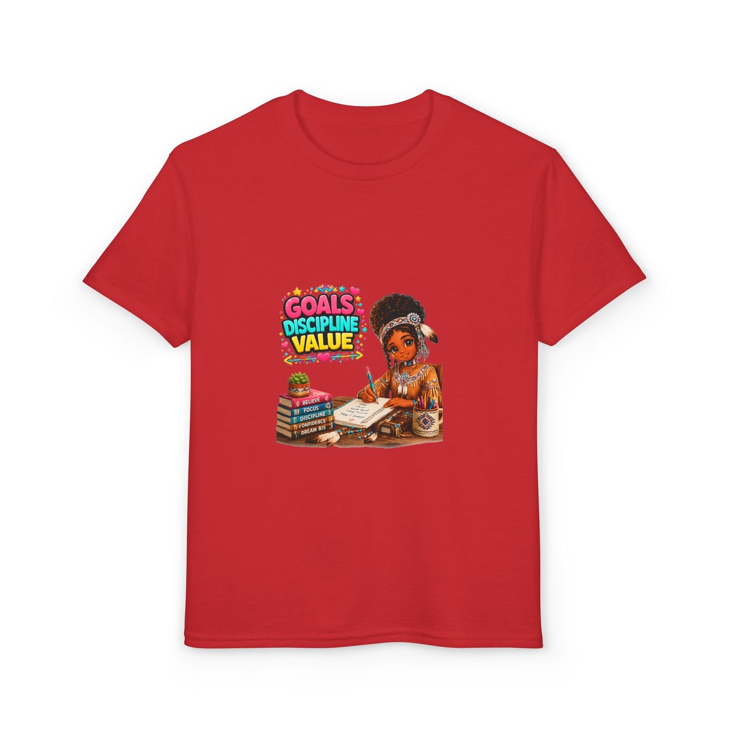 Youth T-Shirt — "Goals, Discipline, Value" Black Girl Studying Design