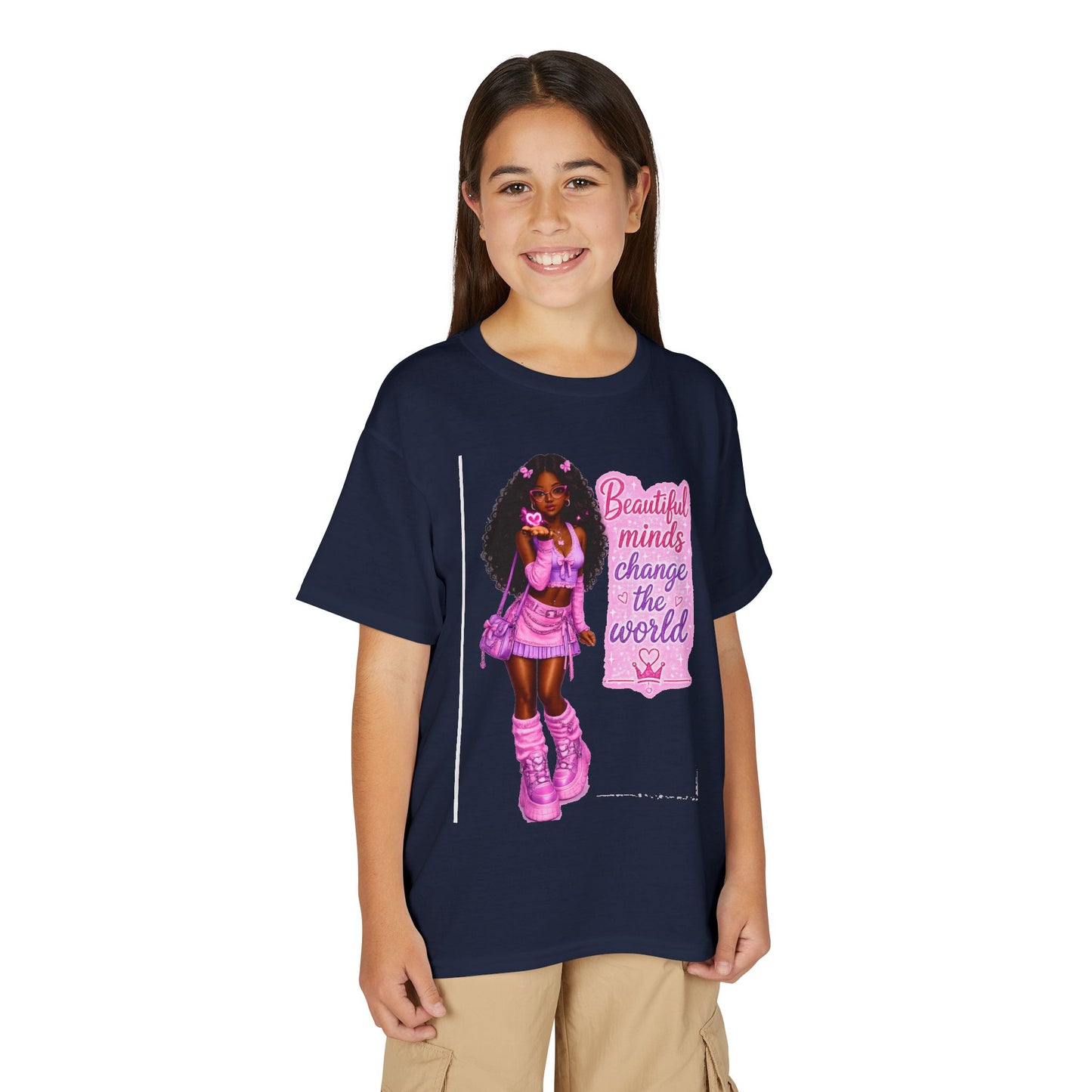 Youth T-Shirt — "Beautiful Minds Change the World" Pink Afro Girl Empowerment Tee