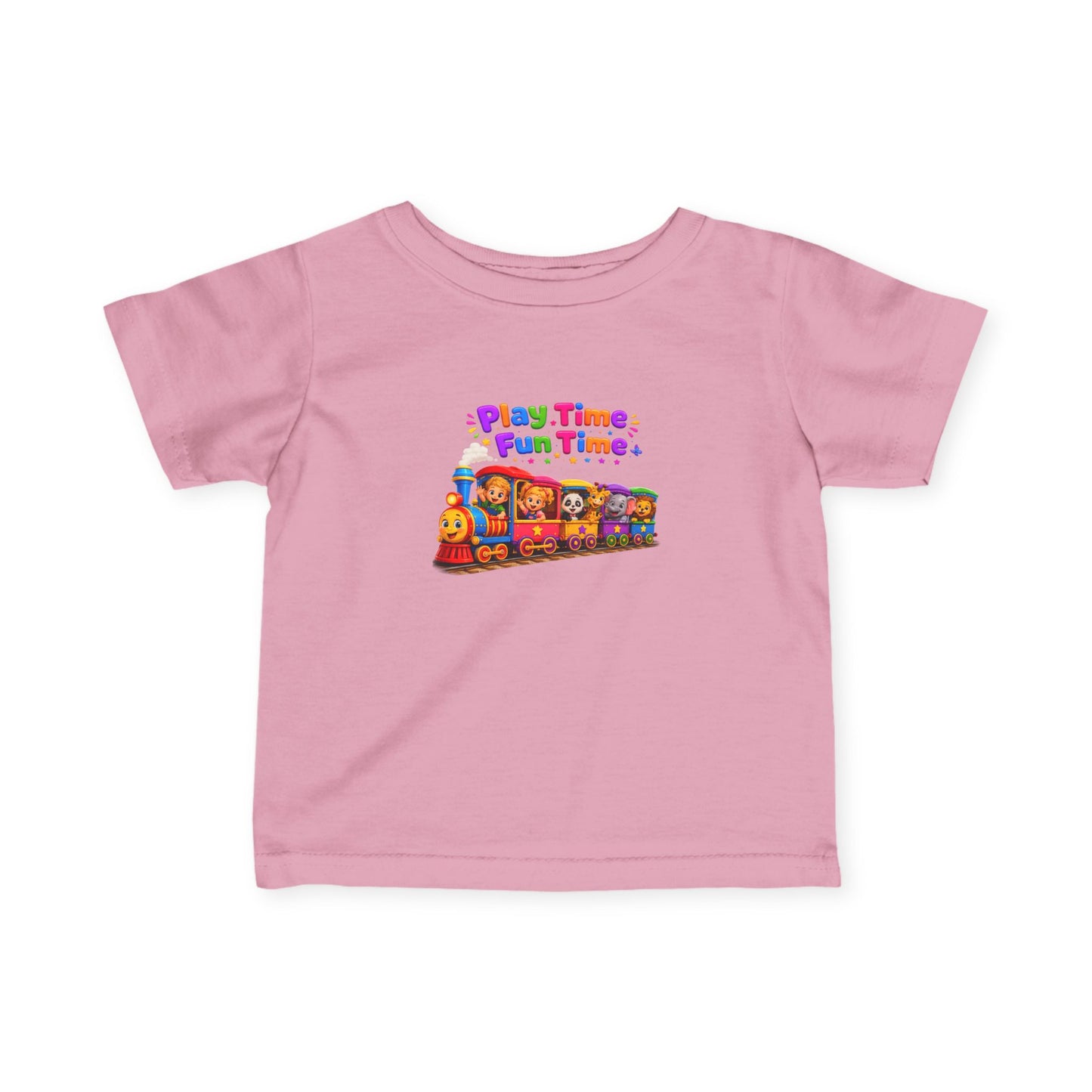 Infant Tee — "Play Time, Fun Time" Colorful Train Baby Shirt