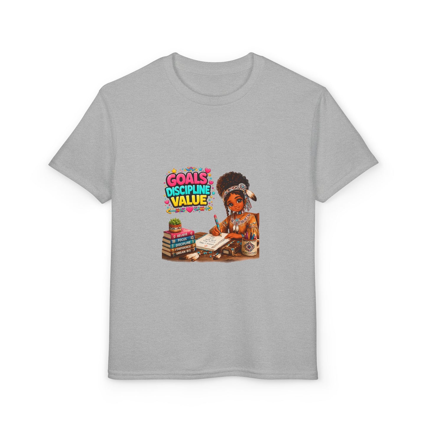 Youth T-Shirt — "Goals, Discipline, Value" Black Girl Studying Design