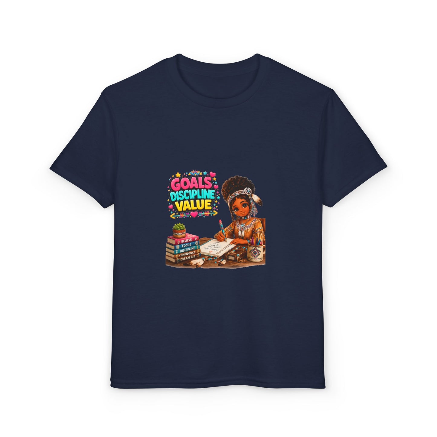 Youth T-Shirt — "Goals, Discipline, Value" Black Girl Studying Design