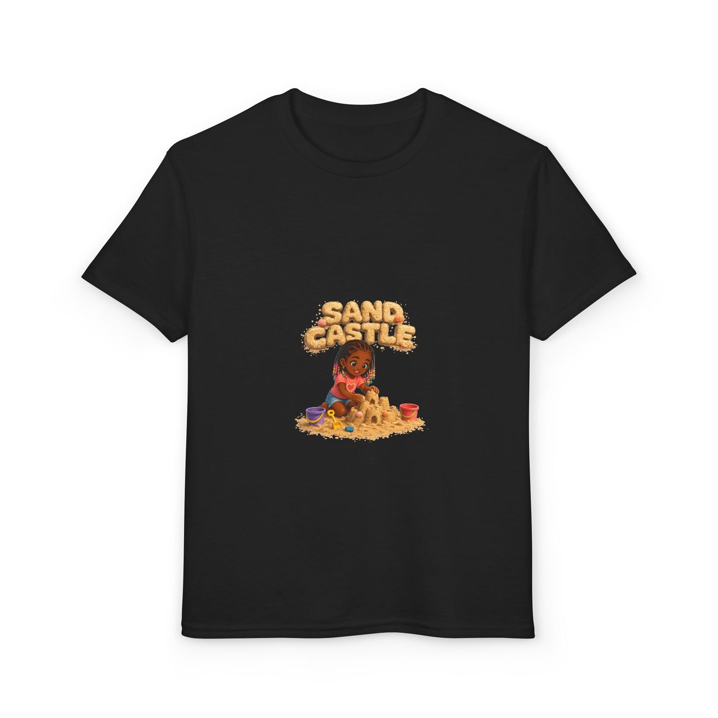 Kids "Sand Castle" Beach T‑Shirt — Cute Kid Building Sandcastle Graphic