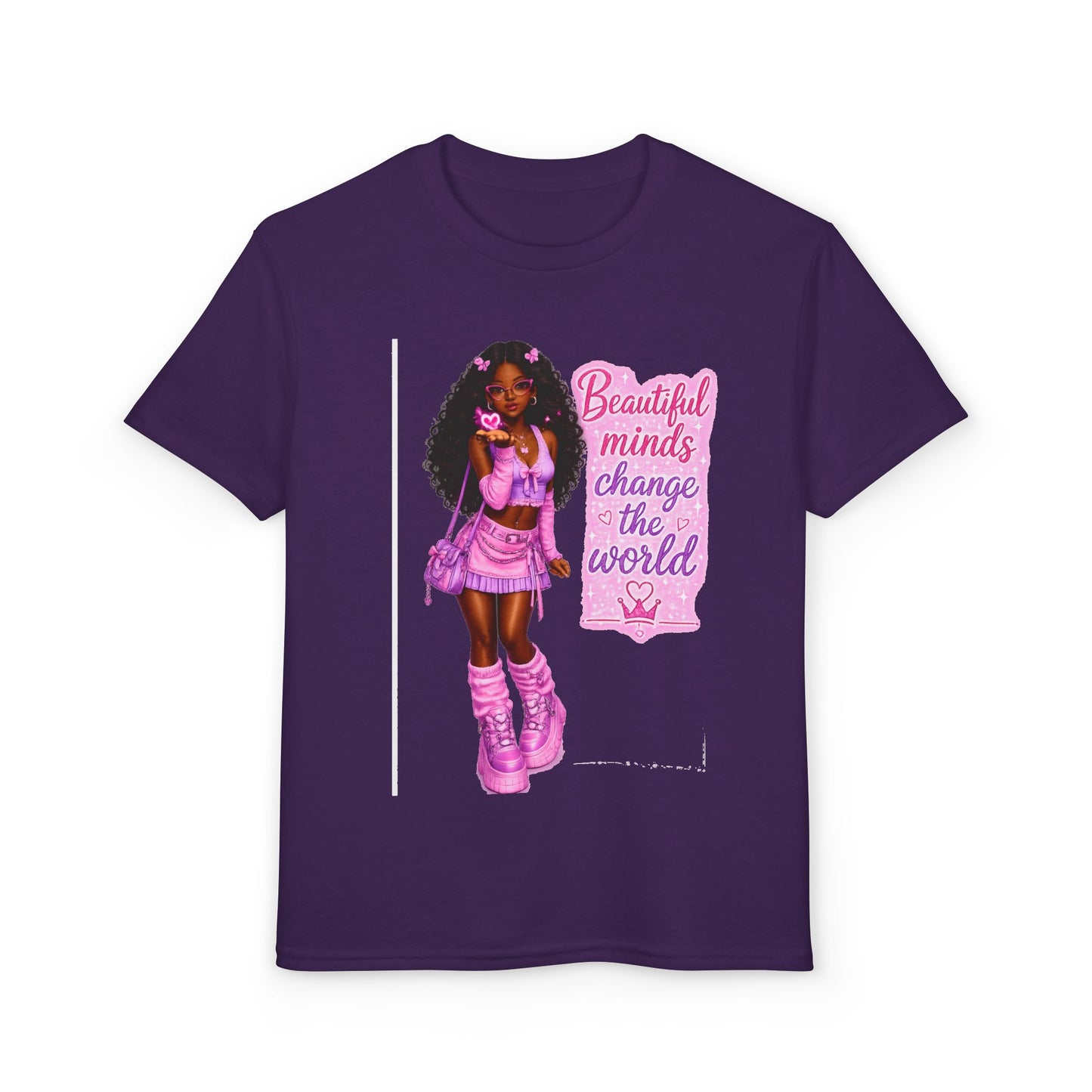 Youth T-Shirt — "Beautiful Minds Change the World" Pink Afro Girl Empowerment Tee