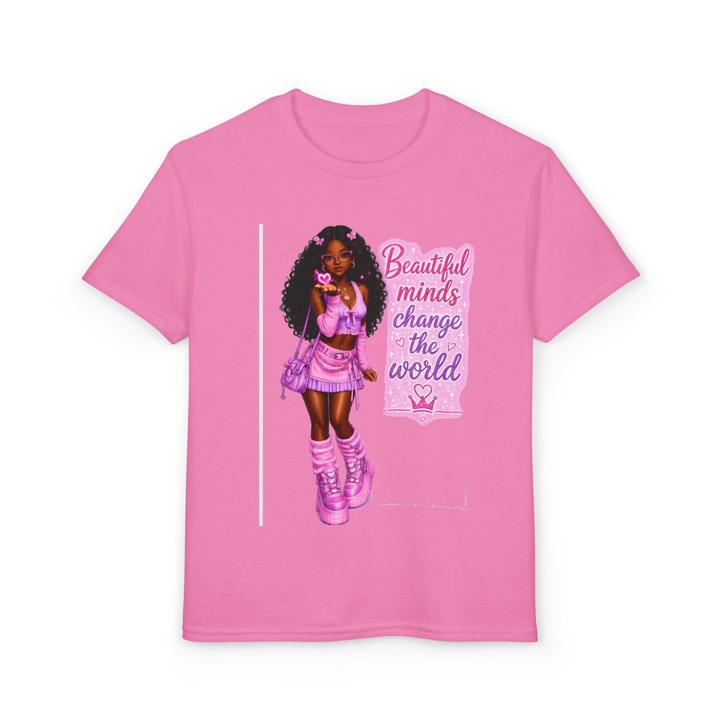 Youth T-Shirt — "Beautiful Minds Change the World" Pink Afro Girl Empowerment Tee