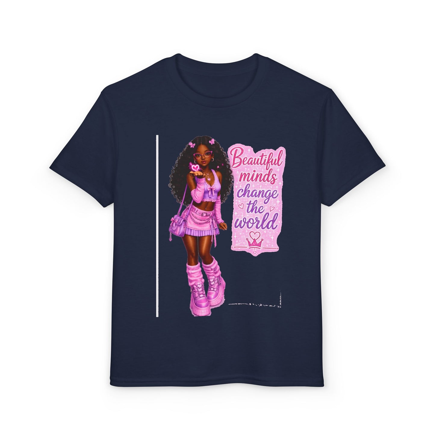 Youth T-Shirt — "Beautiful Minds Change the World" Pink Afro Girl Empowerment Tee