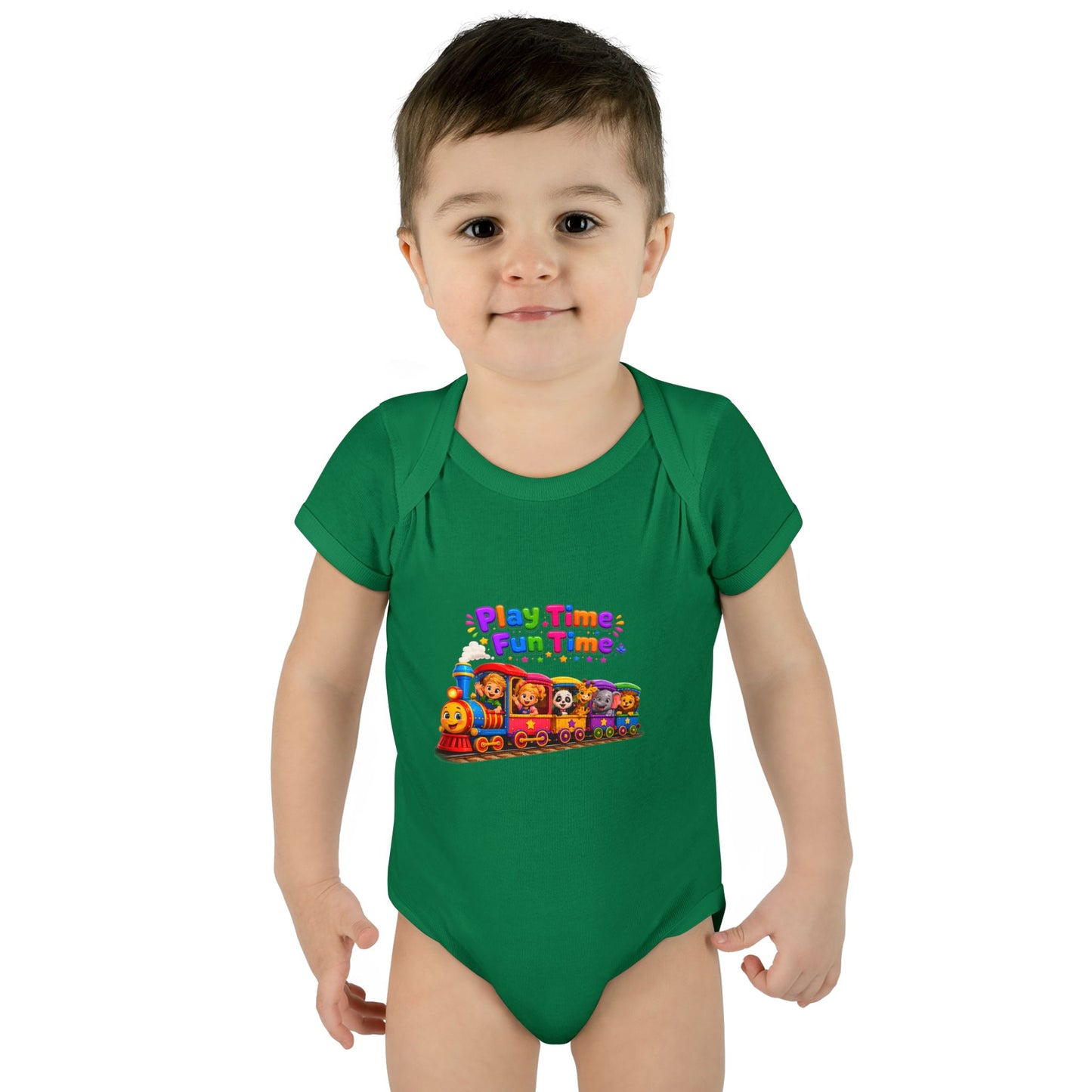 Play Time Fun Time Baby Bodysuit — Colorful Train Infant Onesie
