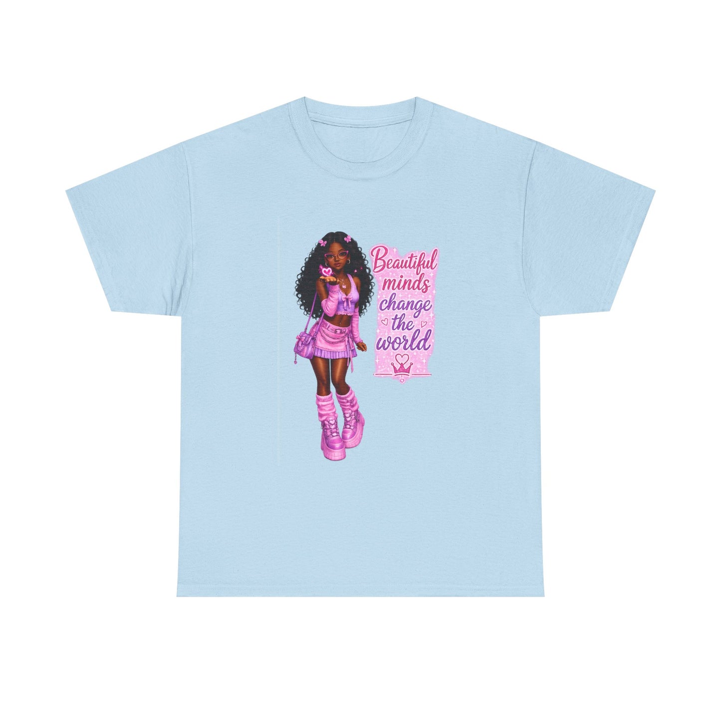 T-Shirt — 'Beautiful Minds Change the World' Pink Afro Girl Graphic