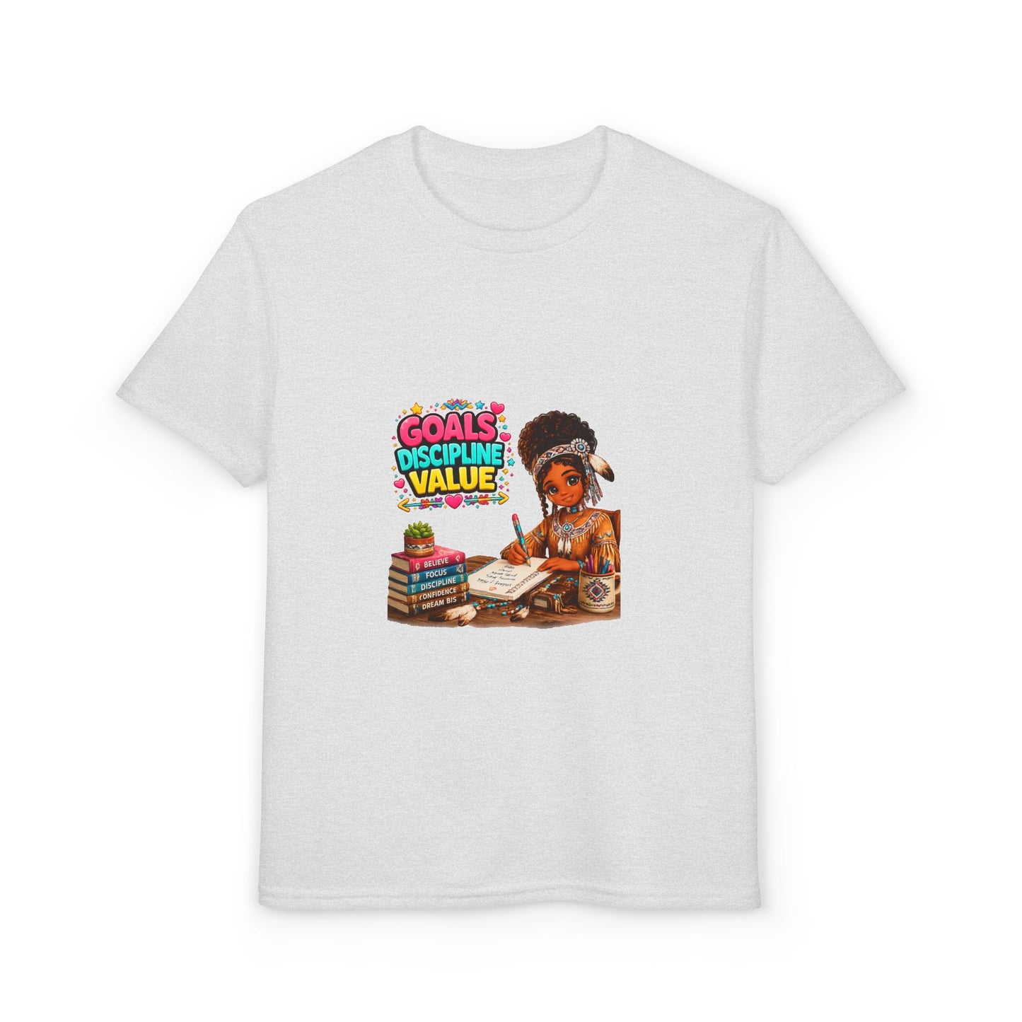 Youth T-Shirt — "Goals, Discipline, Value" Black Girl Studying Design