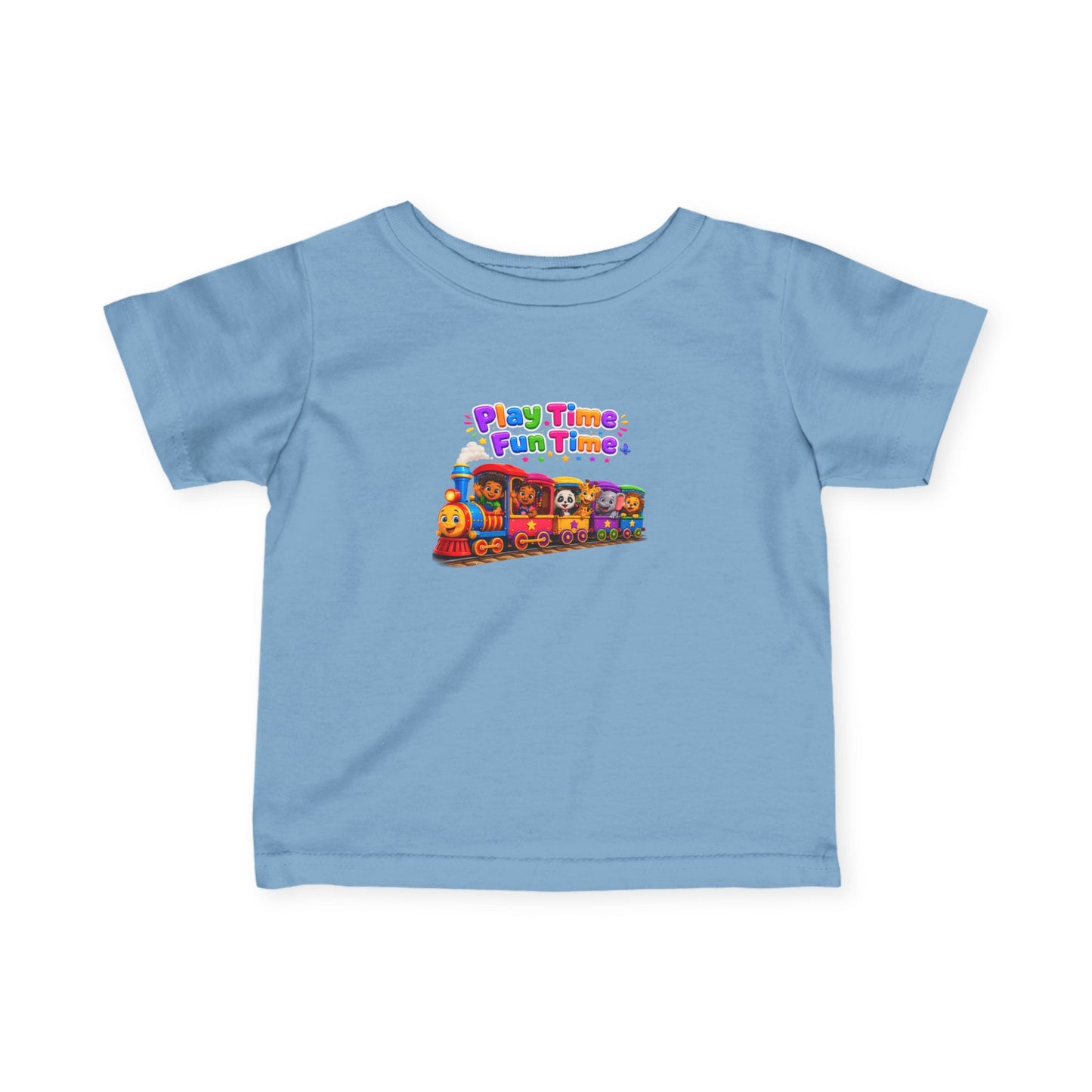 Infant Tee — "Play Time Fun Time" Colorful Toy Train Baby Shirt