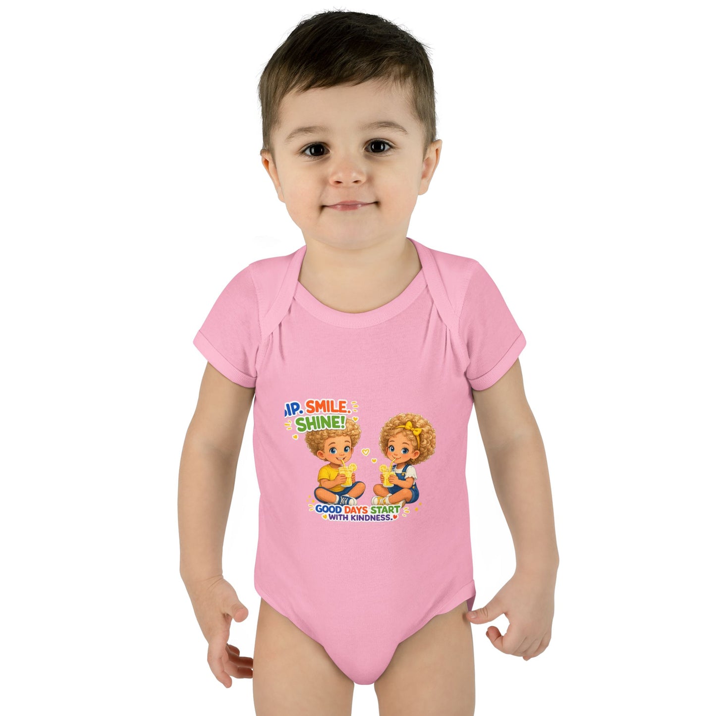 Infant Bodysuit "Rise, Smile, Shine!" Cute Kids Graphic Onesie — "Good Days Start with Kindness"