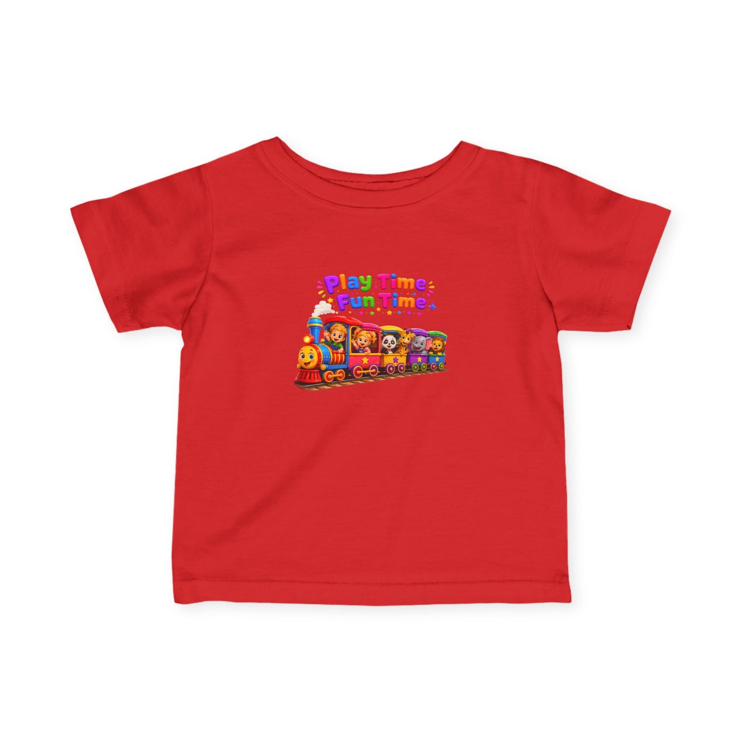 Infant Tee — "Play Time, Fun Time" Colorful Train Baby Shirt