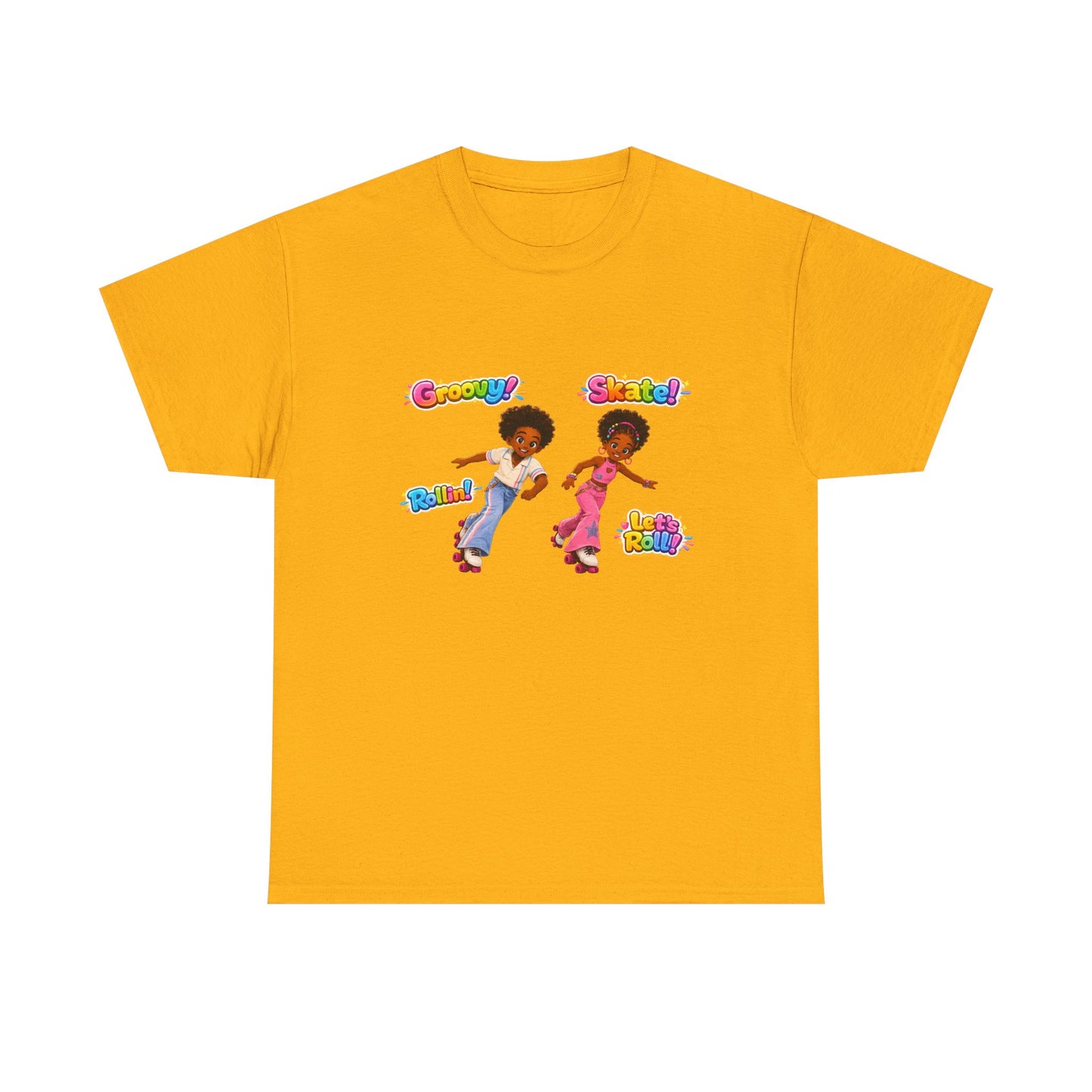 Roller Dance Kids T-Shirt — 'Groovy! Skate!' Retro Afro Puff Skaters Tee