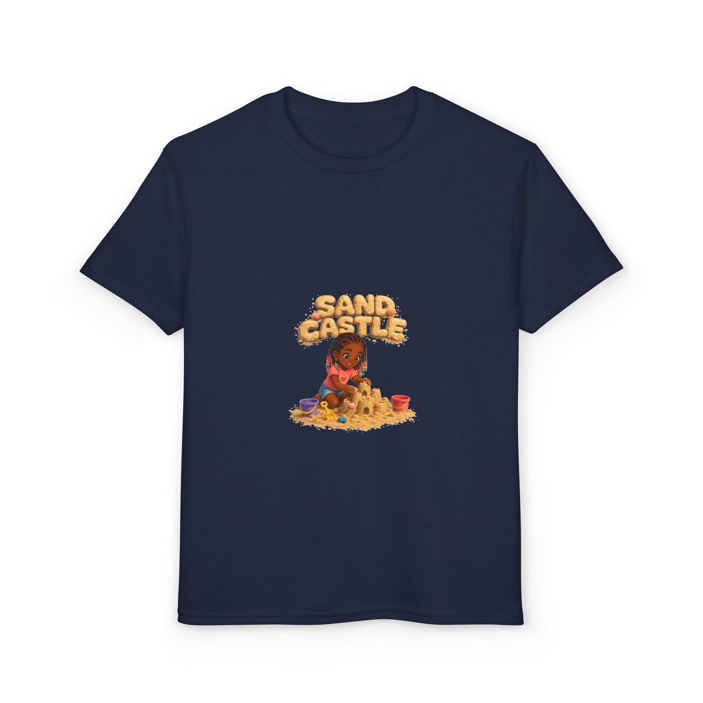 Kids "Sand Castle" Beach T‑Shirt — Cute Kid Building Sandcastle Graphic