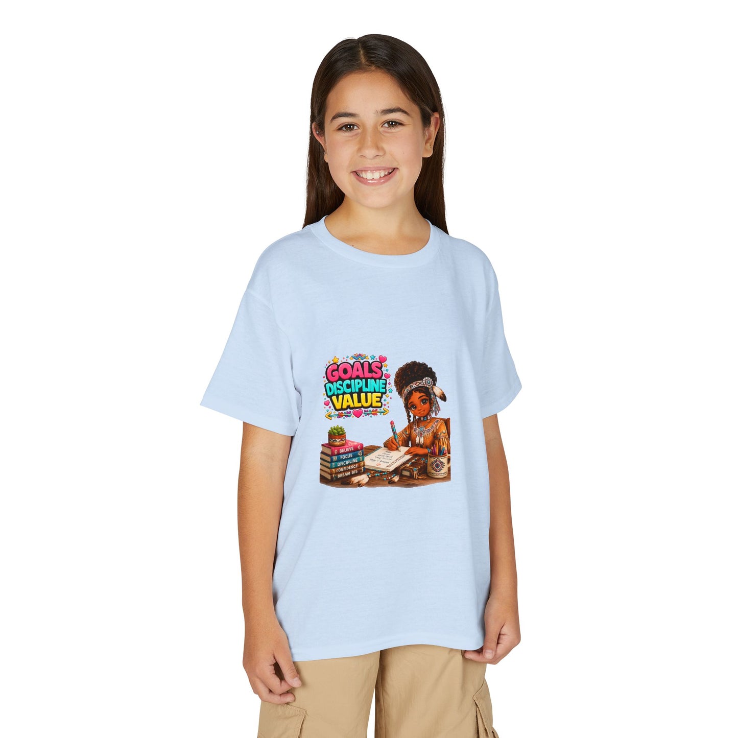 Youth T-Shirt — "Goals, Discipline, Value" Black Girl Studying Design
