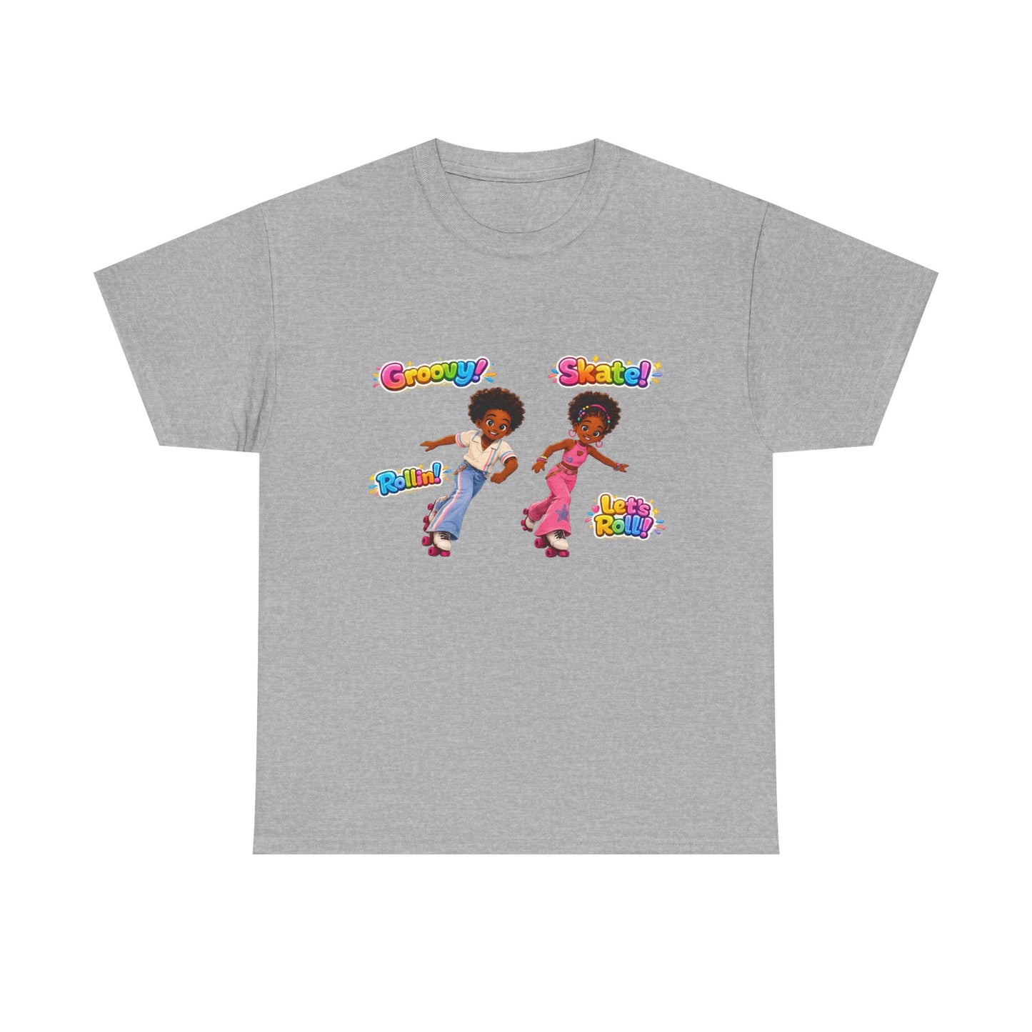 Retro Roller Skating Kids Tee — 'Groovy! Skate!' Colorful 70s-Inspired Shirt