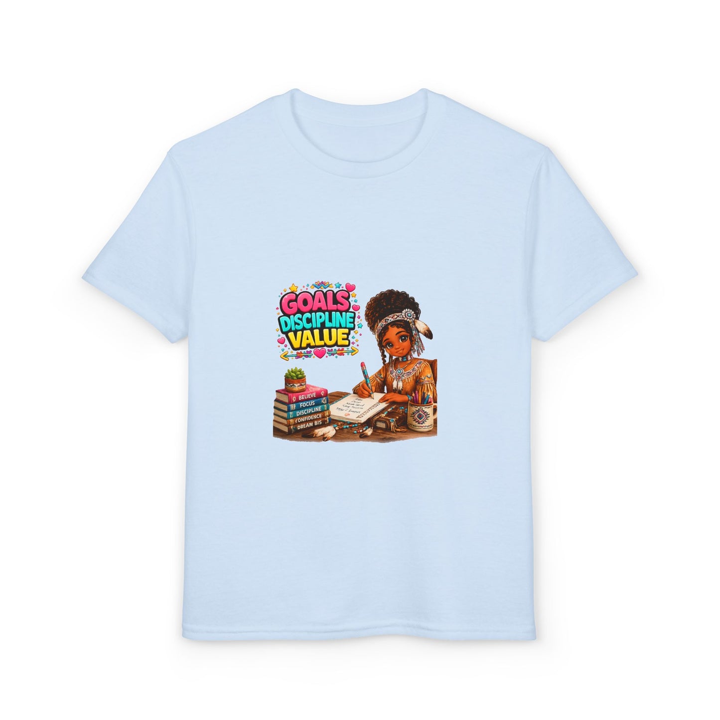 Youth T-Shirt — "Goals, Discipline, Value" Black Girl Studying Design
