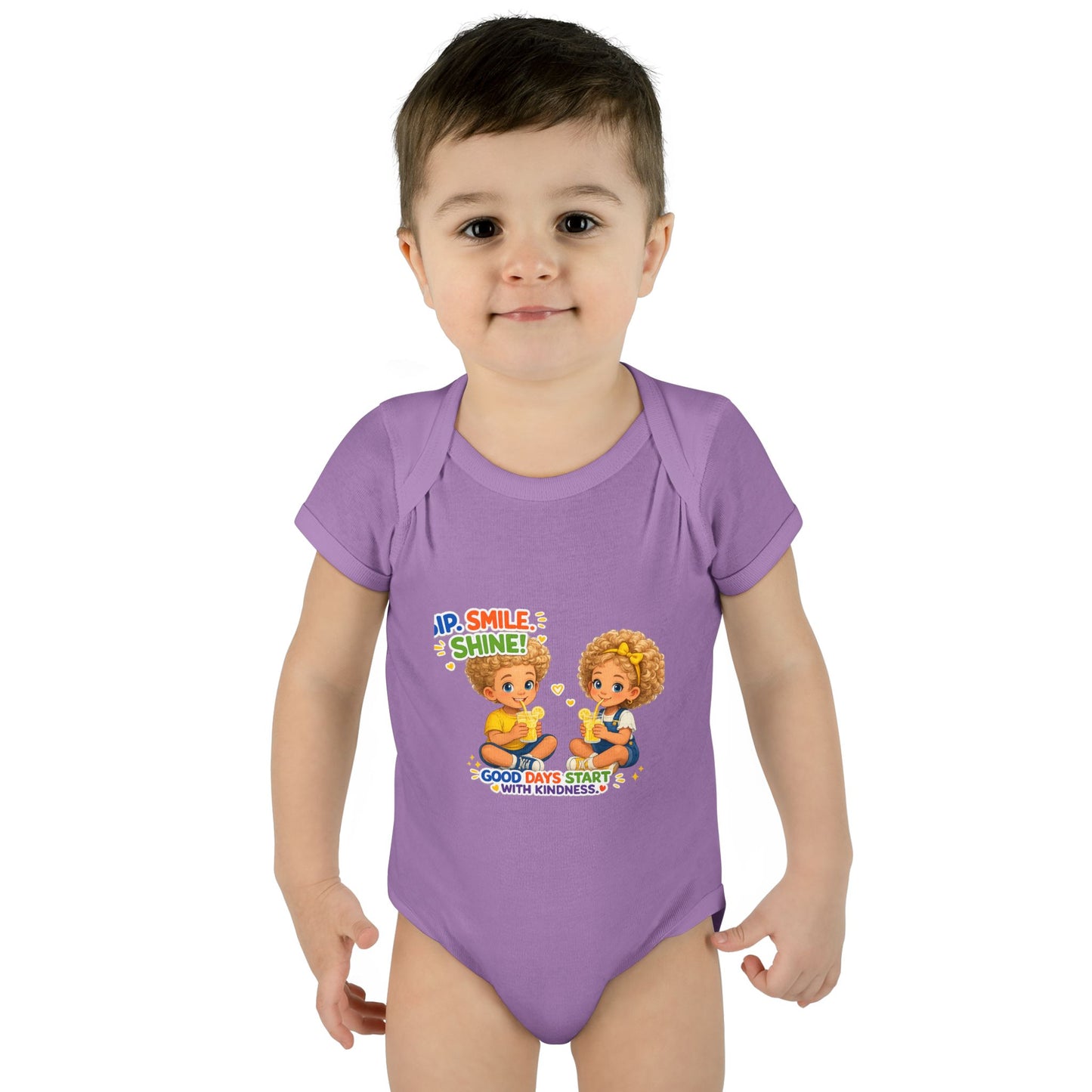 Infant Bodysuit "Rise, Smile, Shine!" Cute Kids Graphic Onesie — "Good Days Start with Kindness"