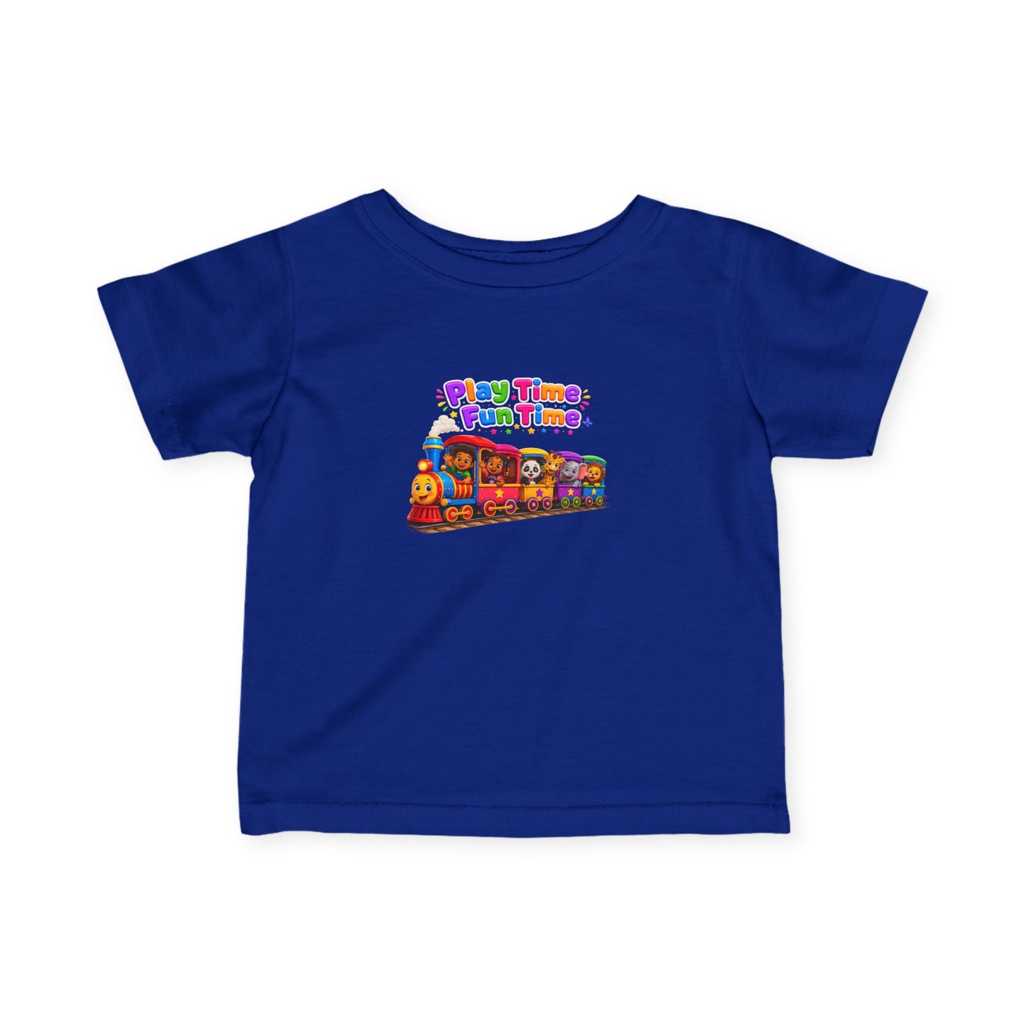 Infant Tee — "Play Time Fun Time" Colorful Toy Train Baby Shirt