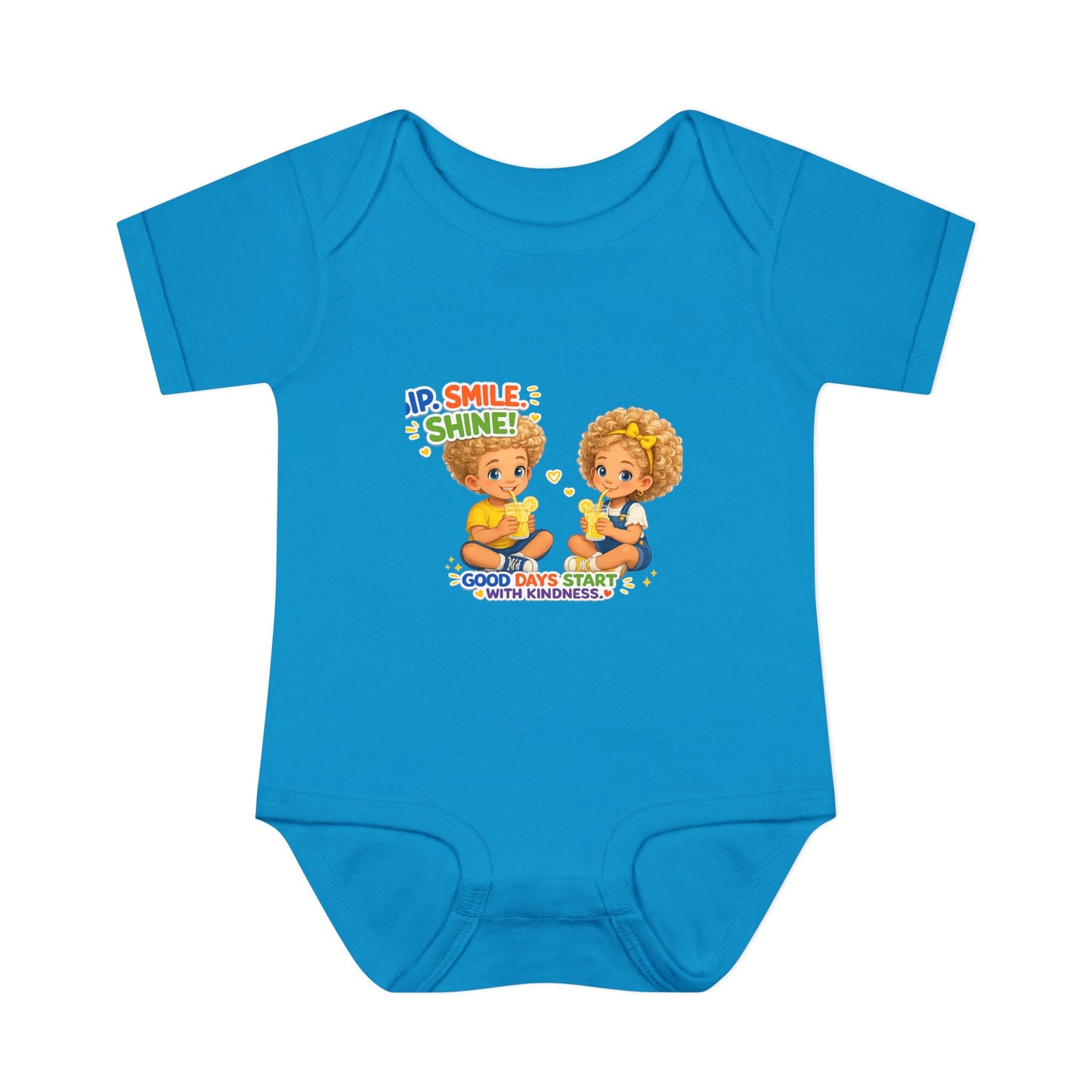 Infant Bodysuit "Rise, Smile, Shine!" Cute Kids Graphic Onesie — "Good Days Start with Kindness"
