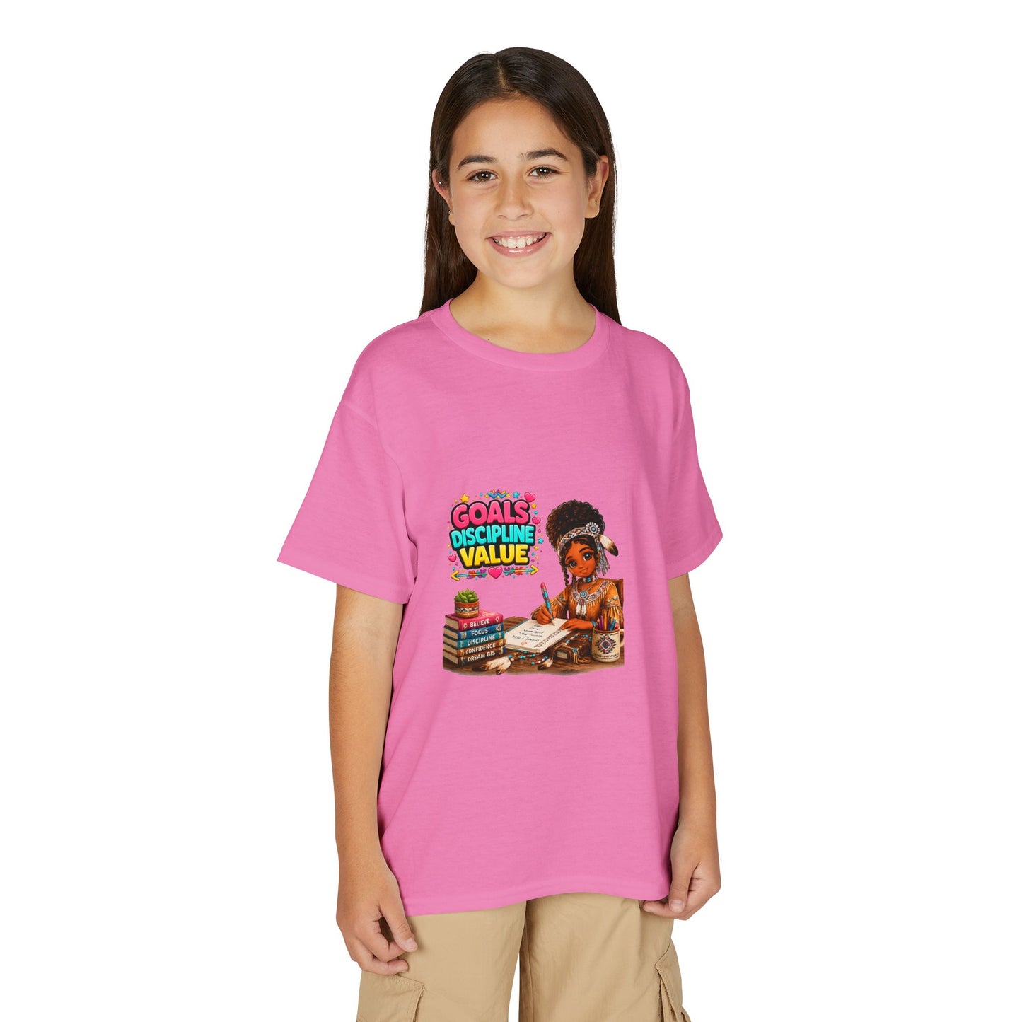 Youth T-Shirt — "Goals, Discipline, Value" Black Girl Studying Design