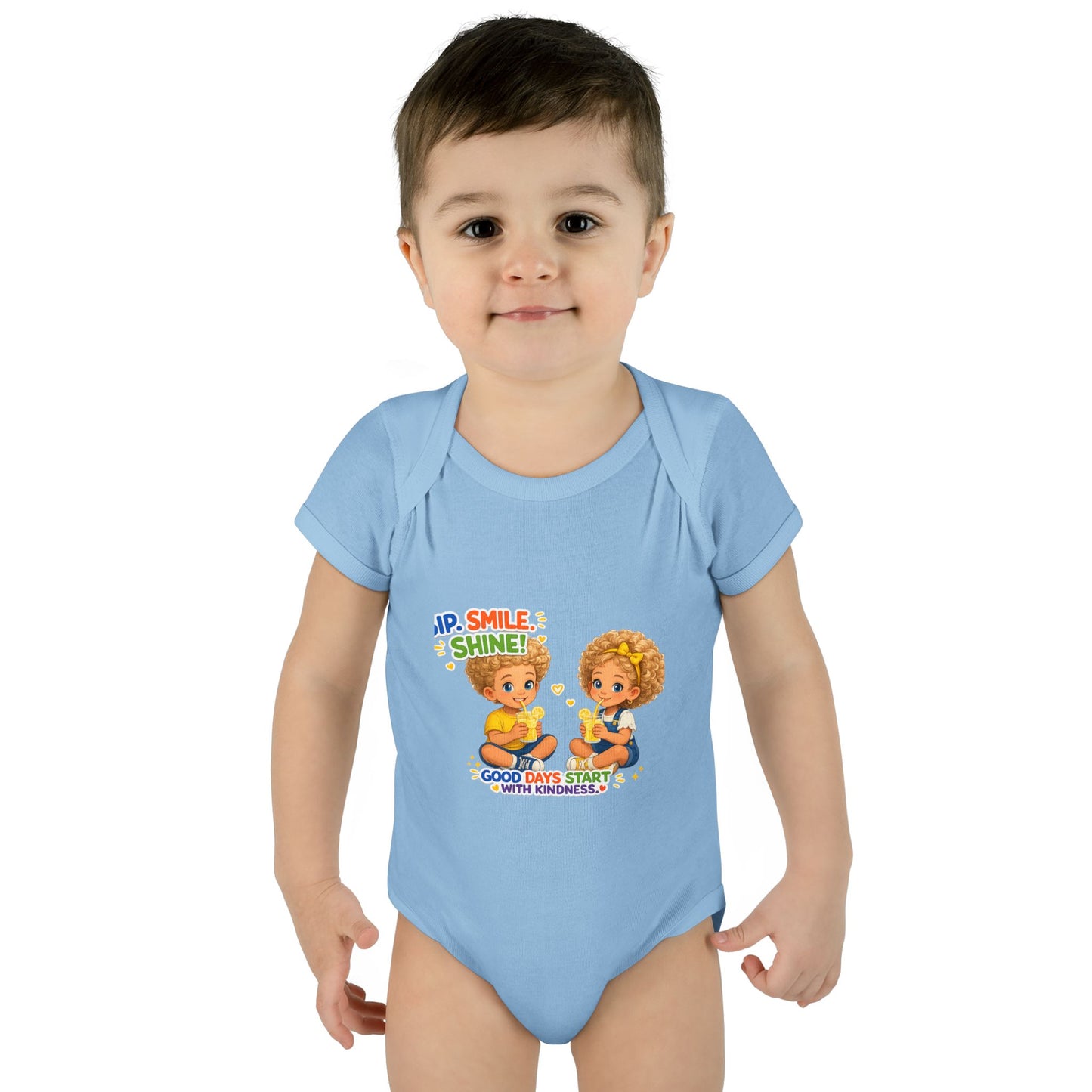 Infant Bodysuit "Rise, Smile, Shine!" Cute Kids Graphic Onesie — "Good Days Start with Kindness"