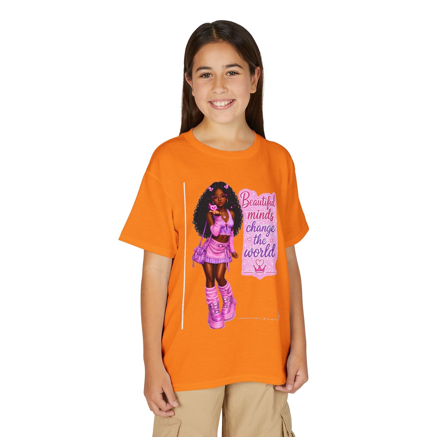 Youth T-Shirt — "Beautiful Minds Change the World" Pink Afro Girl Empowerment Tee