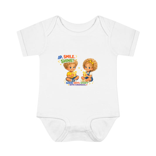Infant Bodysuit "Rise, Smile, Shine!" Cute Kids Graphic Onesie — "Good Days Start with Kindness"