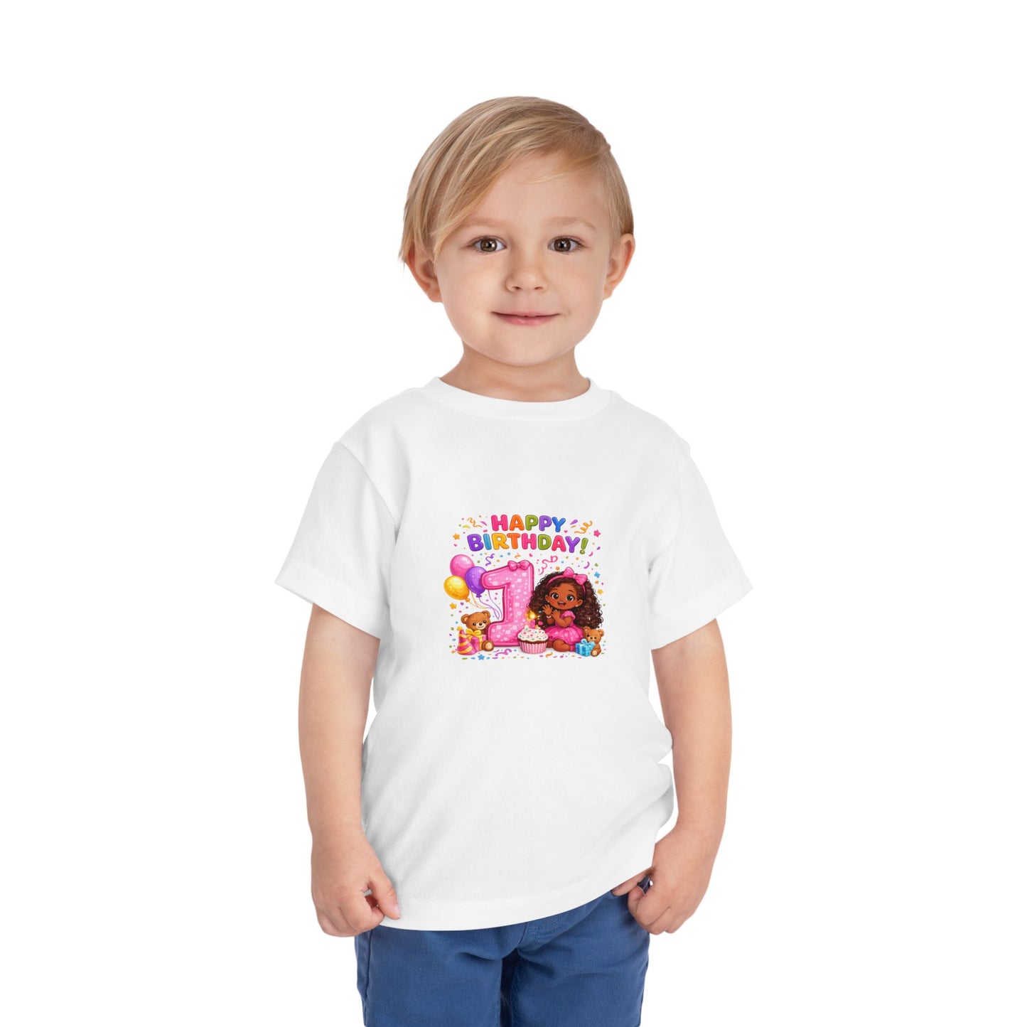 Happy 1st Birthday Toddler Tee — Cute Girl, Balloons & Cake