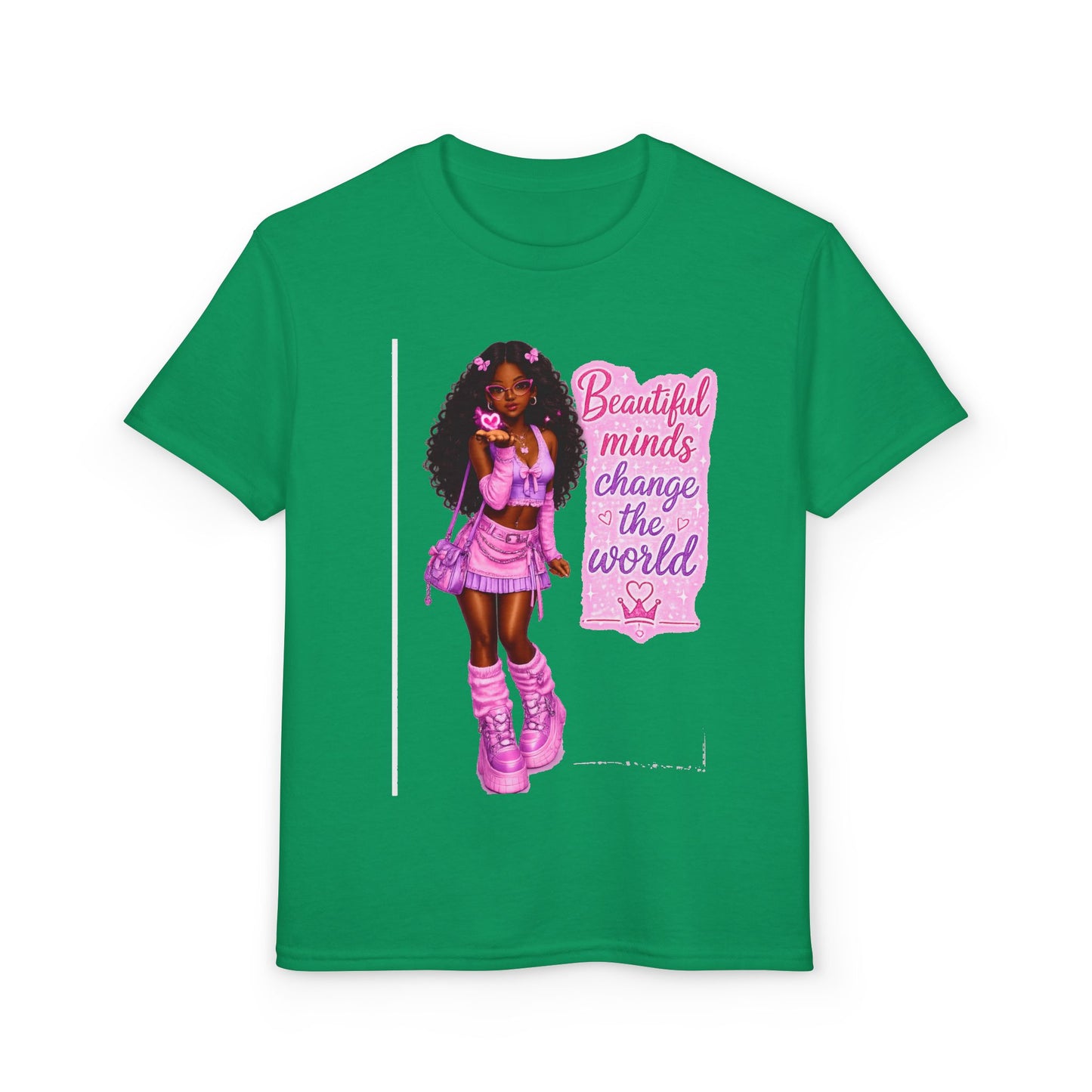 Youth T-Shirt — "Beautiful Minds Change the World" Pink Afro Girl Empowerment Tee