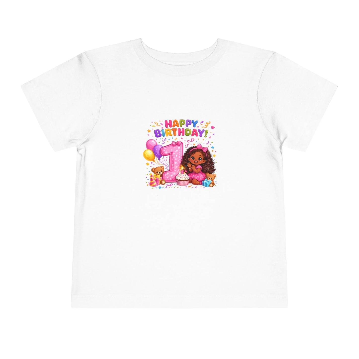 Happy 1st Birthday Toddler Tee — Cute Girl, Balloons & Cake