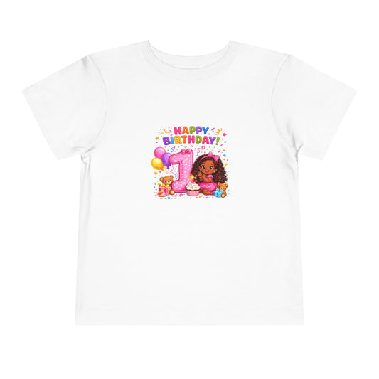 Happy 1st Birthday Toddler Tee — Cute Girl, Balloons & Cake