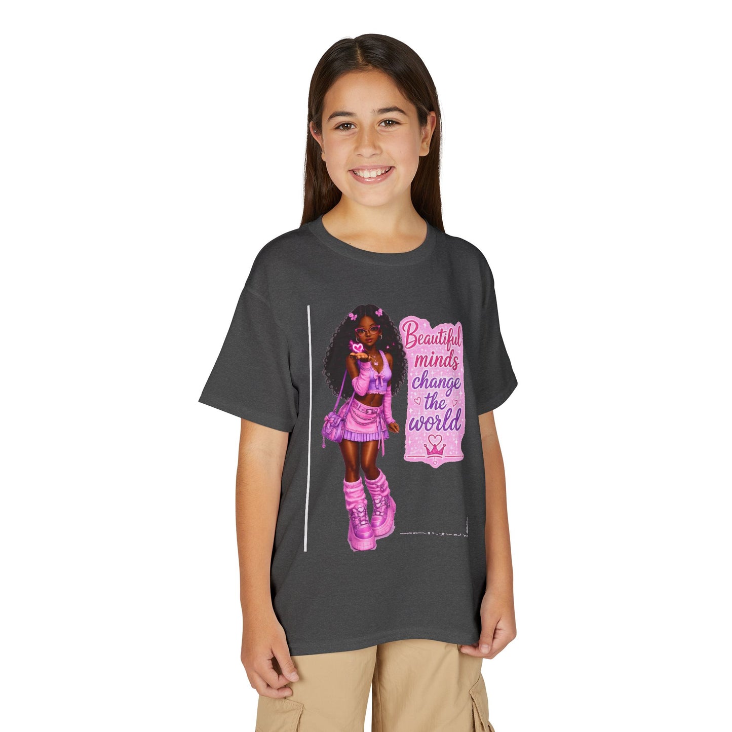 Youth T-Shirt — "Beautiful Minds Change the World" Pink Afro Girl Empowerment Tee