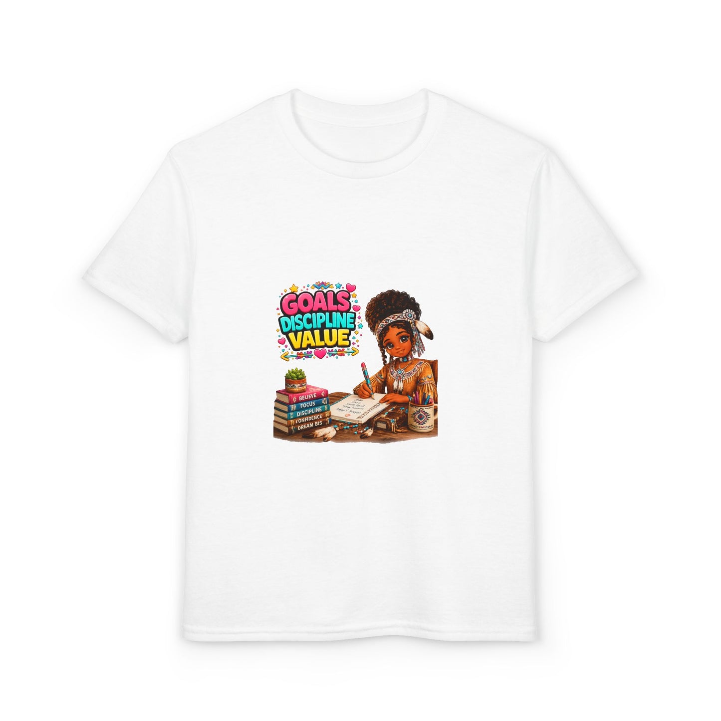 Youth T-Shirt — "Goals, Discipline, Value" Black Girl Studying Design